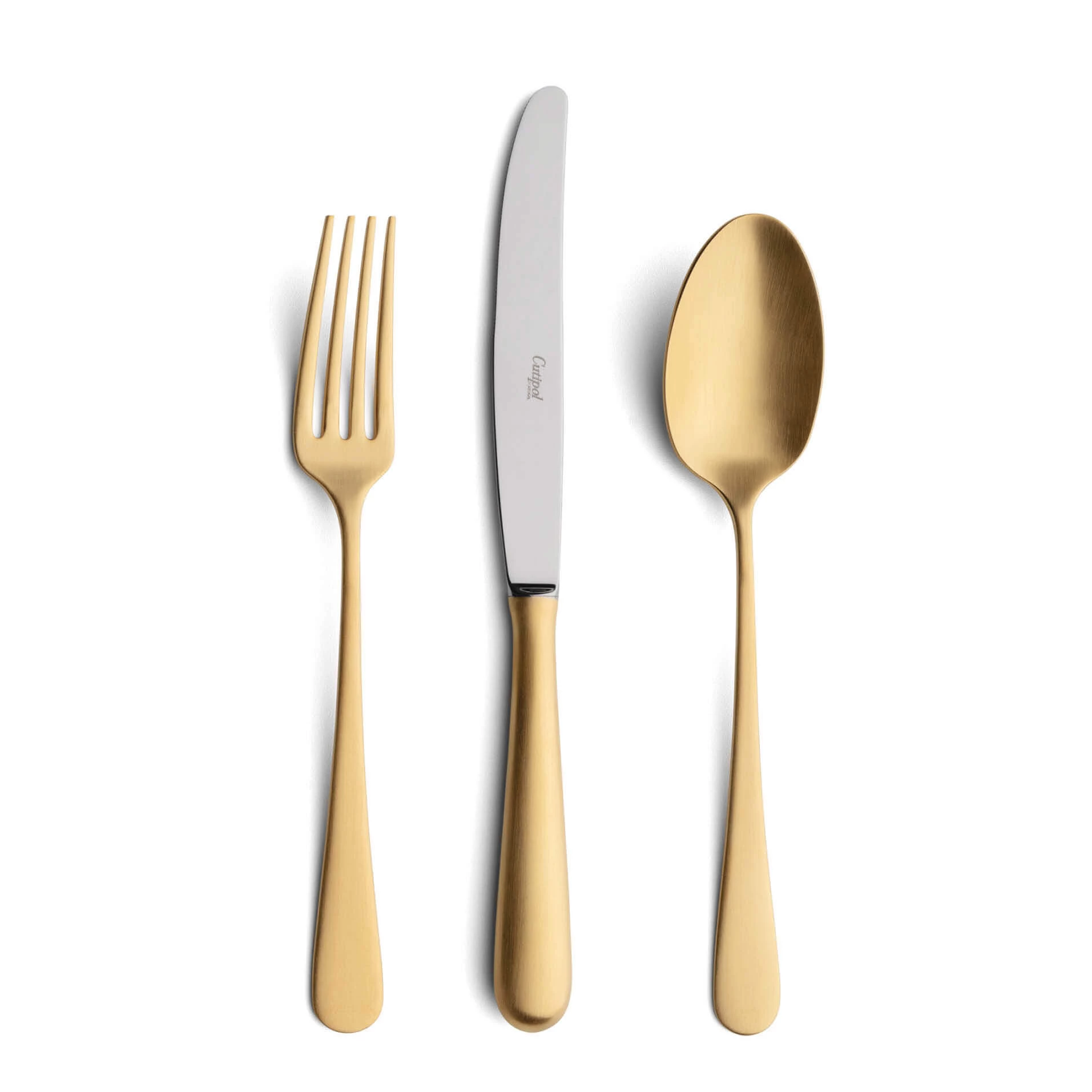 Cutipol Cutlery Alcantara Matte Gold with dinner fork, dinner knife, table spoon