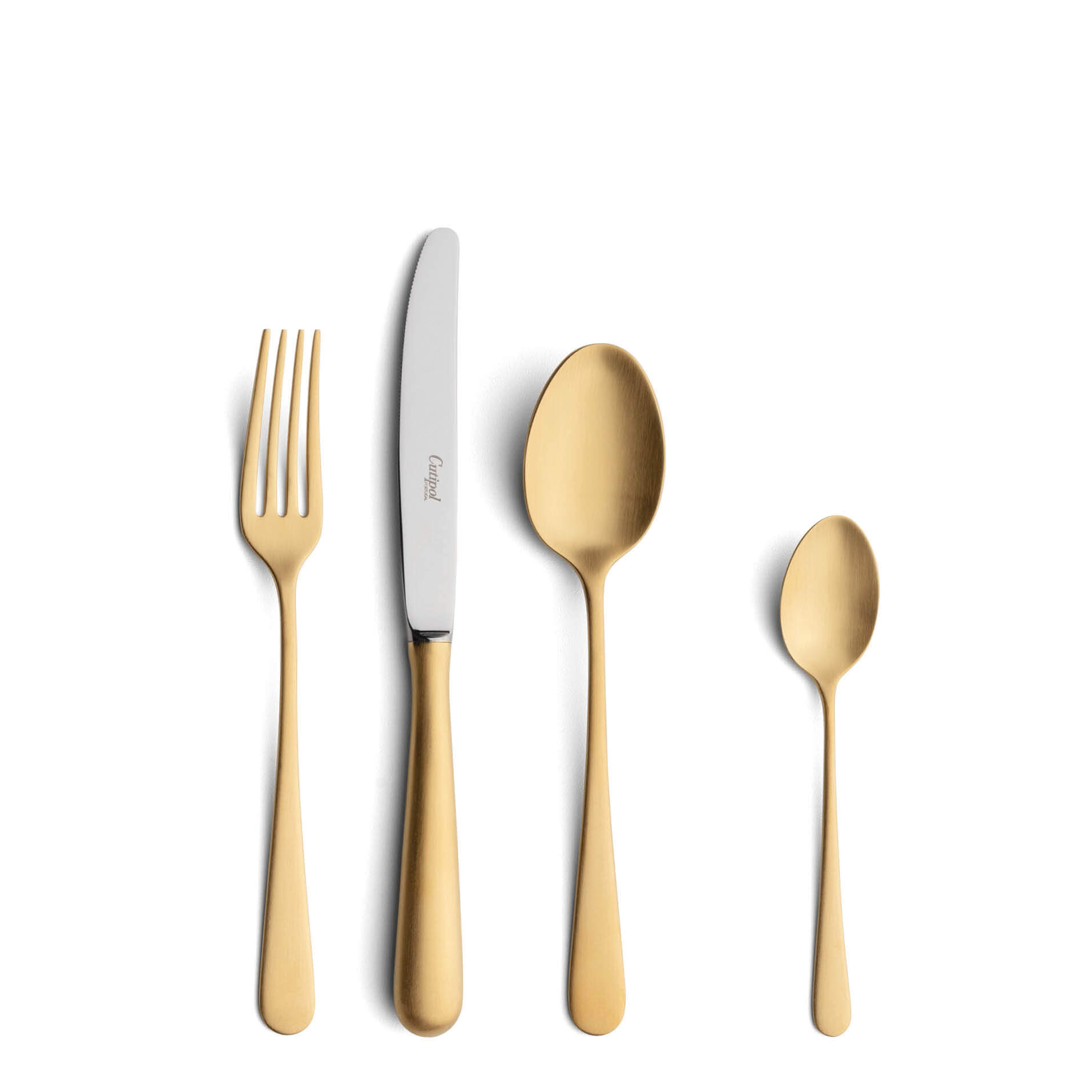 Cutipol Cutlery Alcantara Matte Gold with dessert fork, dessert knife, dessert spoon and tea-coffee spoon