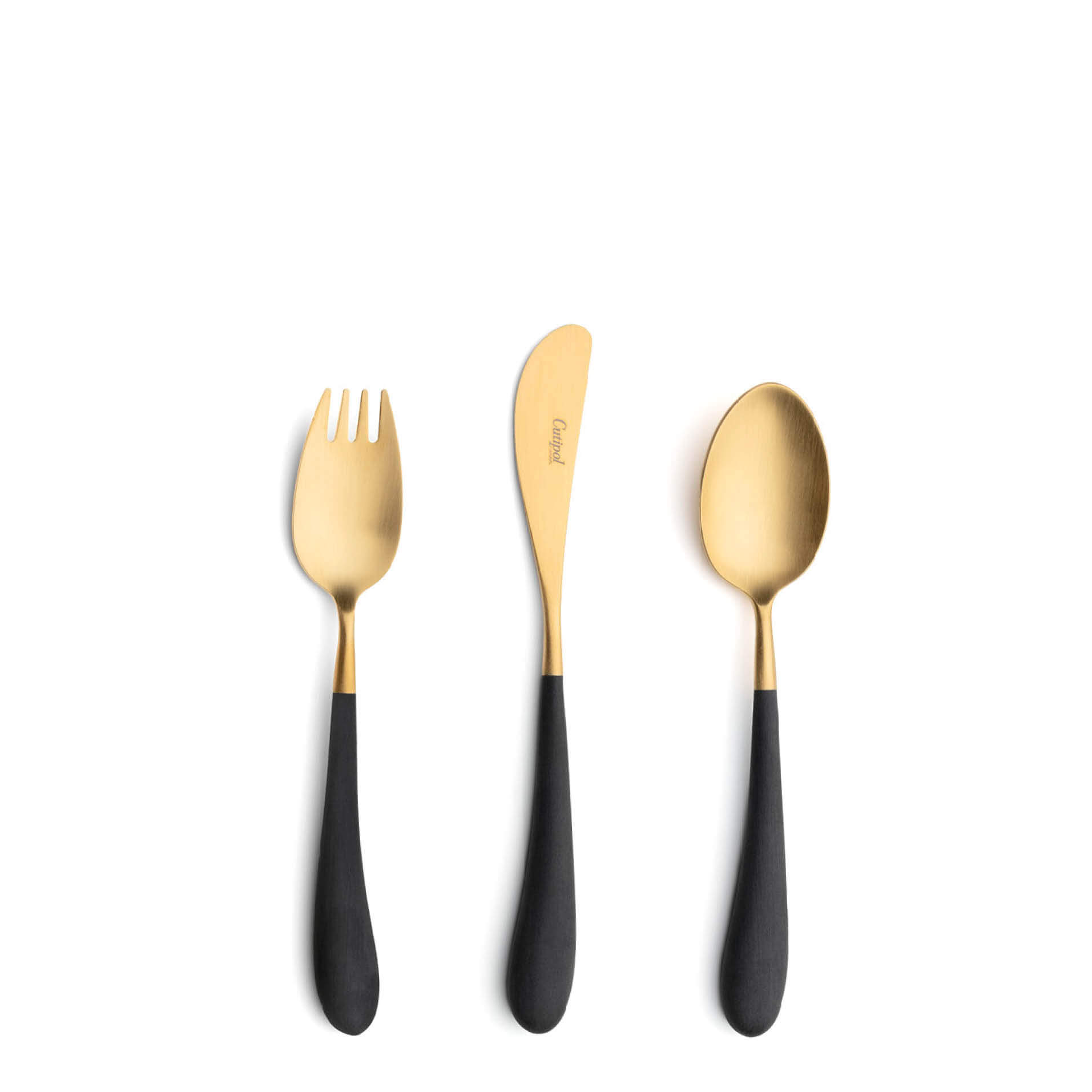 Cutipol Childrens Cutlery Alice with dinner fork, dinner knife, table spoon with black handles and matte gold finish