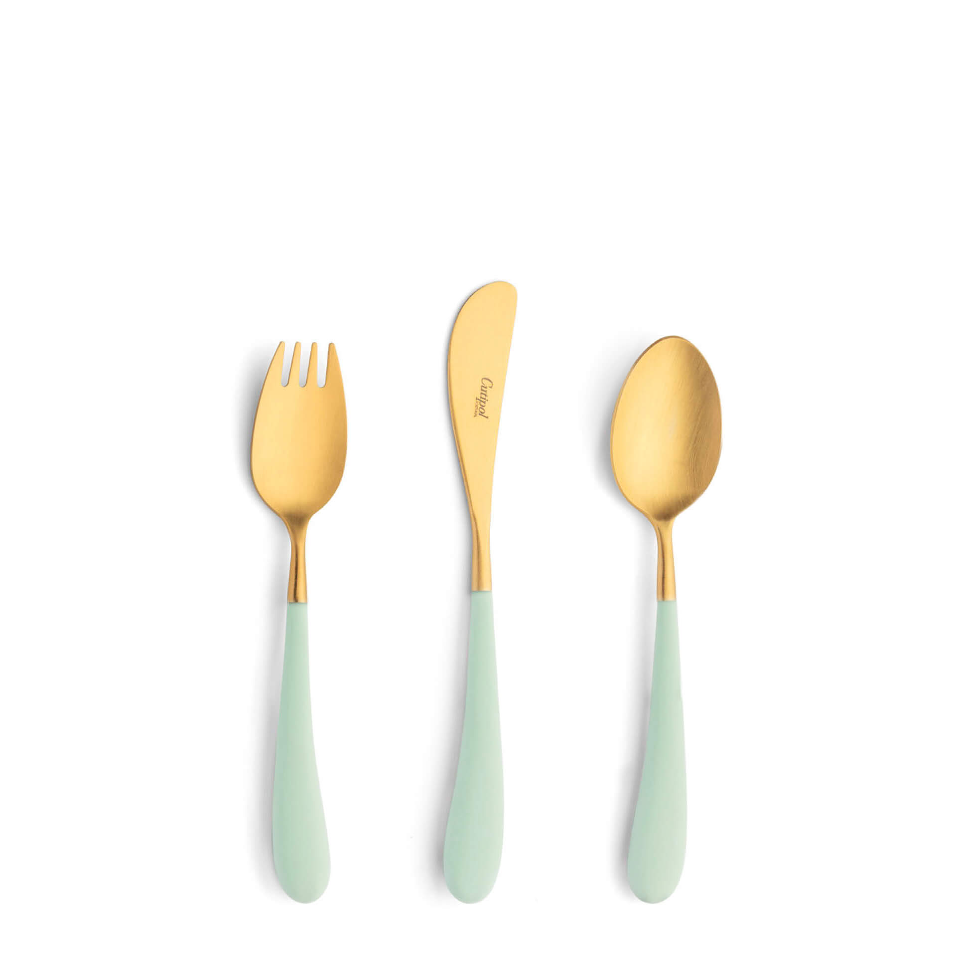 Cutipol Childrens Cutlery Alice Celadon with dinner fork, dinner knife, table spoon with celadon handles and matte gold finish