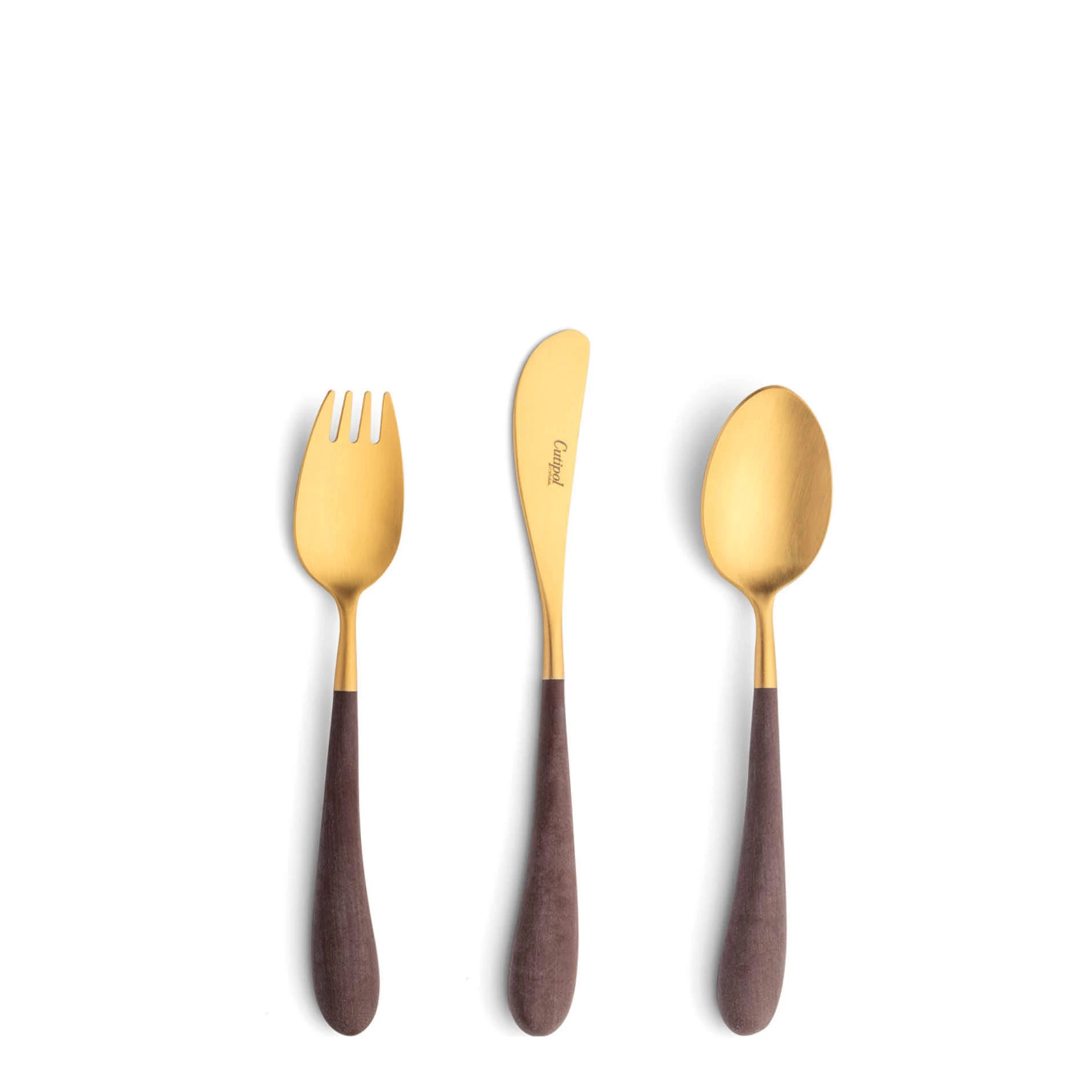 Cutipol Childrens Cutlery Alice Brown with dinner fork, dinner knife, table spoon with brown handles and matte gold finish
