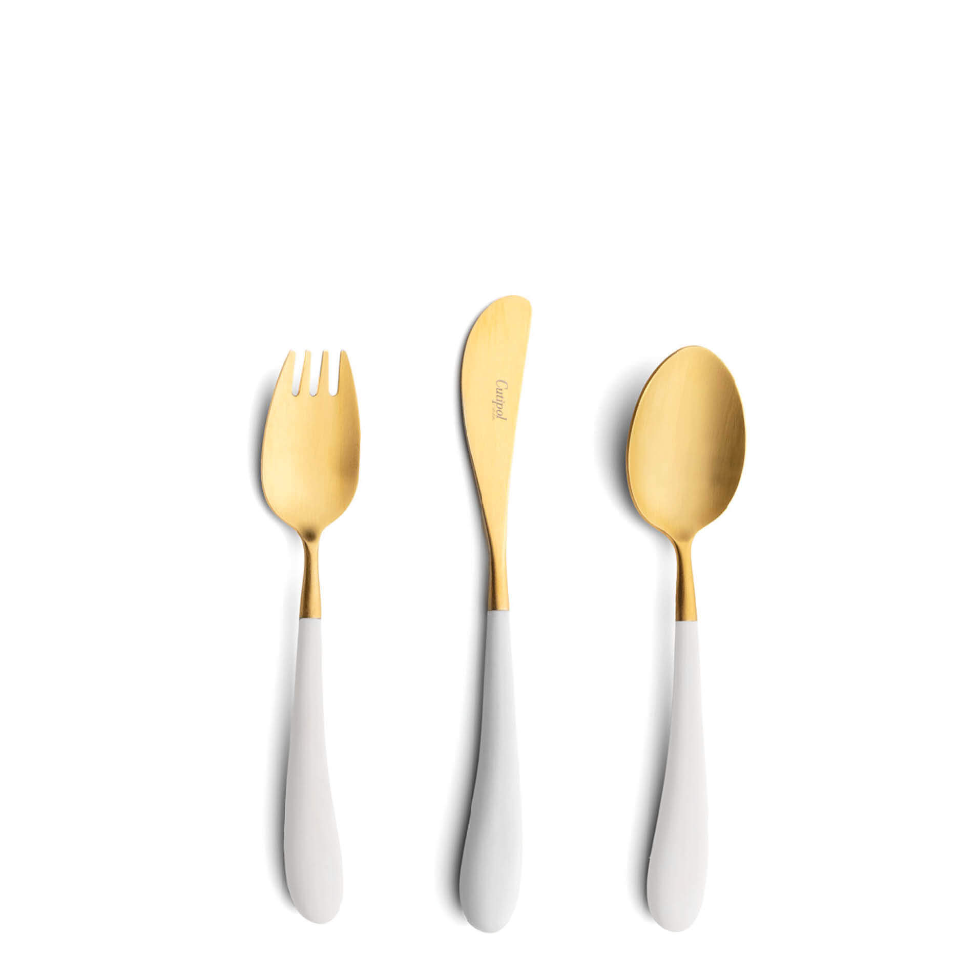 Cutipol Childrens Cutlery Alice White with dinner fork, dinner knife, table spoon with white handles and matte gold finish