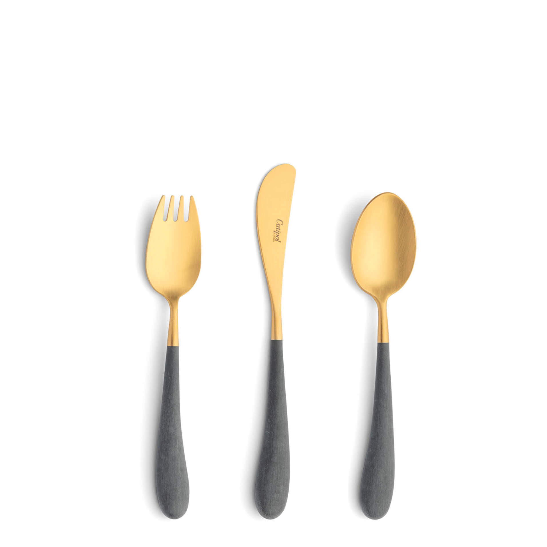 Cutipol Childrens Cutlery Alice Grey with dinner fork, dinner knife, table spoon with grey handles and matte gold finish