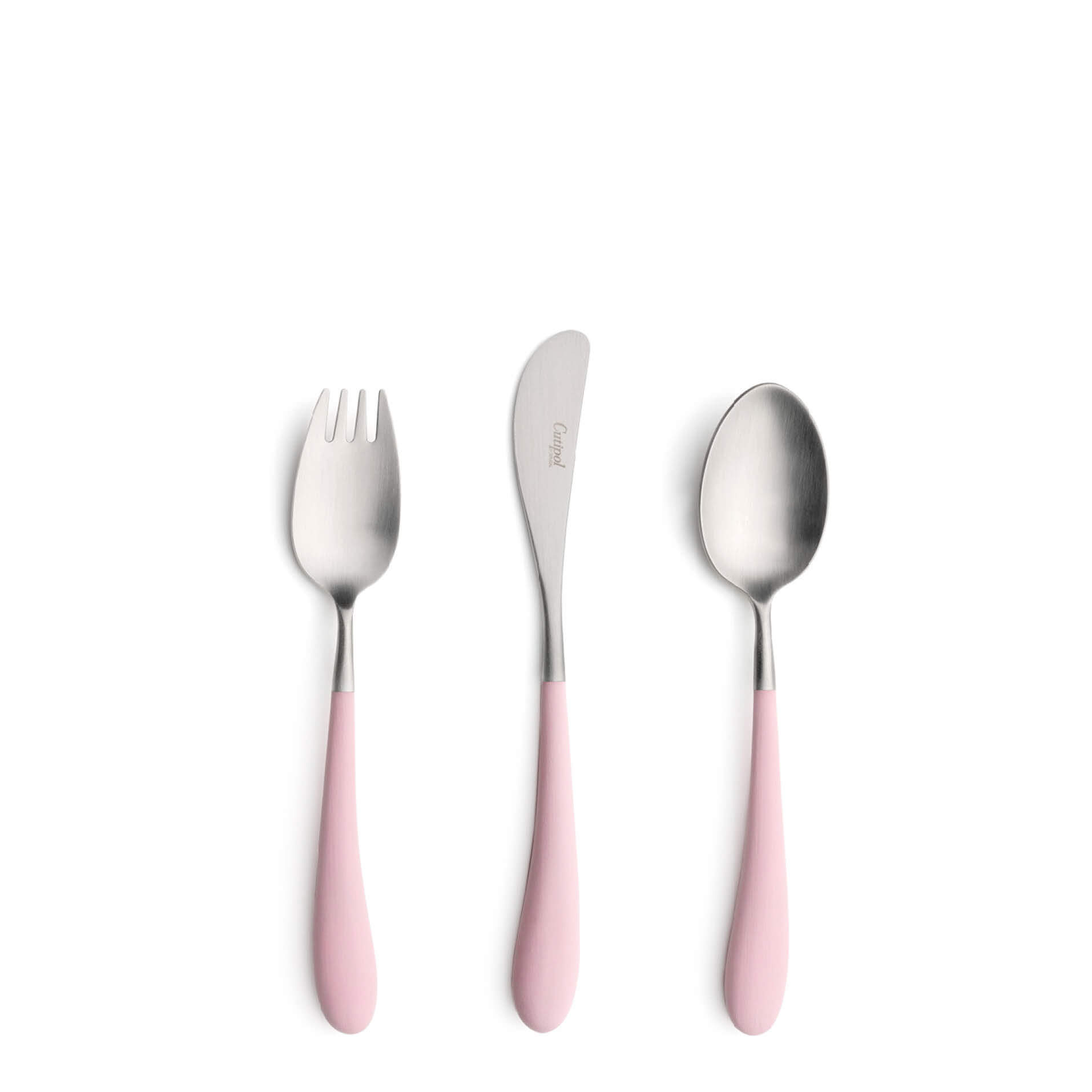 Talheres Cutipol Alice Pink para criança com garfo de mesa, faca de mesa e colher de mesa com cabo rosa e acabamento escovado