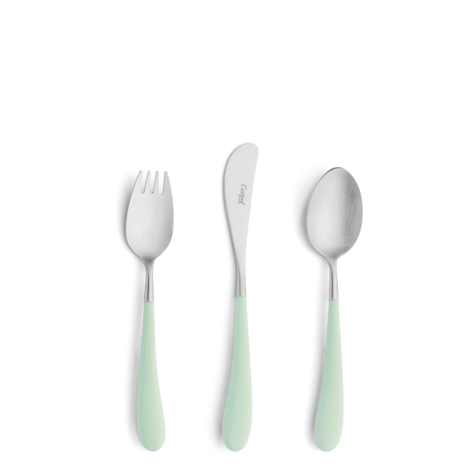 Talheres Cutipol Alice Celadon para criança com garfo de mesa, faca de mesa e colher de mesa com cabo celadon e acabamento escovado