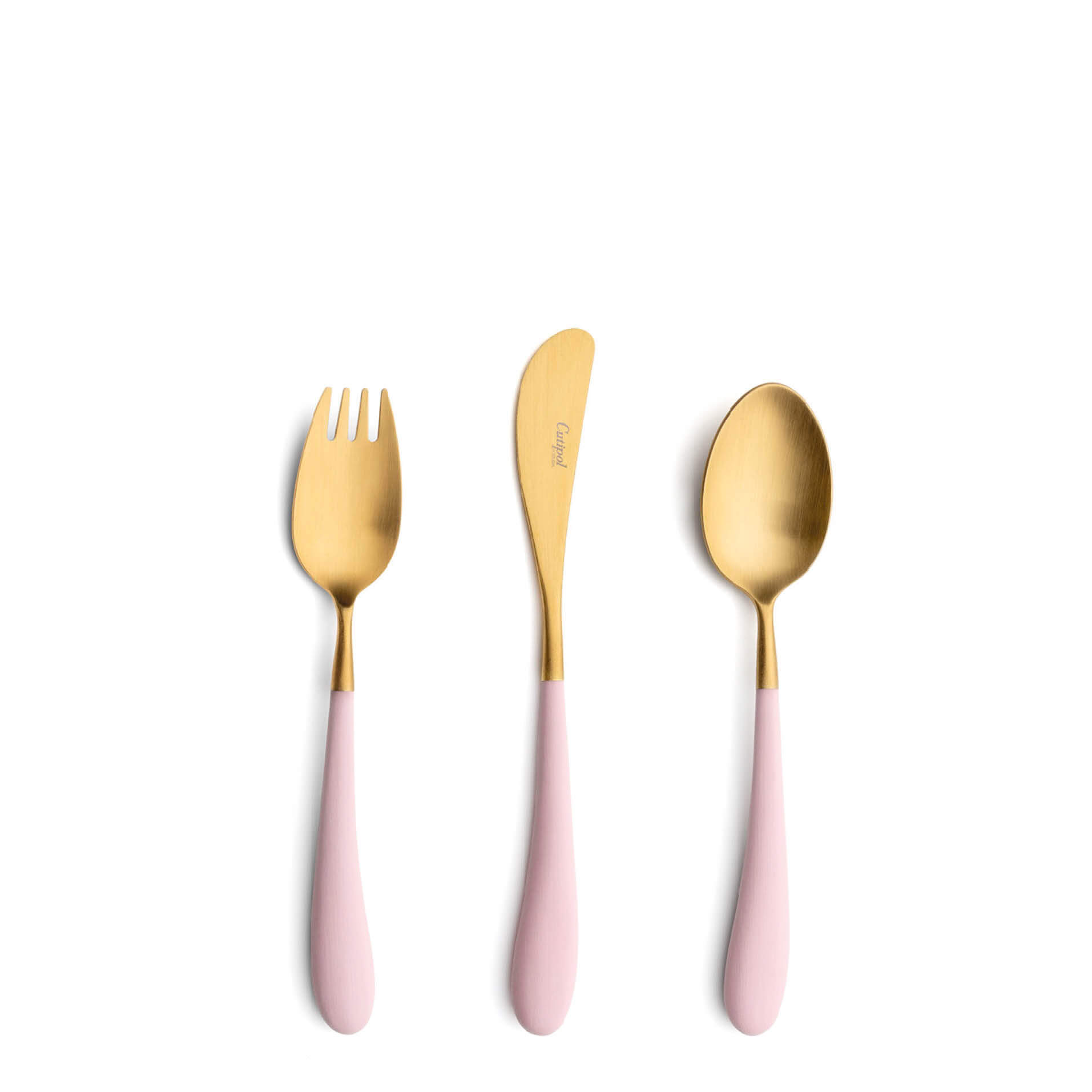 Cutipol Childrens Cutlery Alice Pink with dinner fork, dinner knife, table spoon with pink handles and matte gold finish