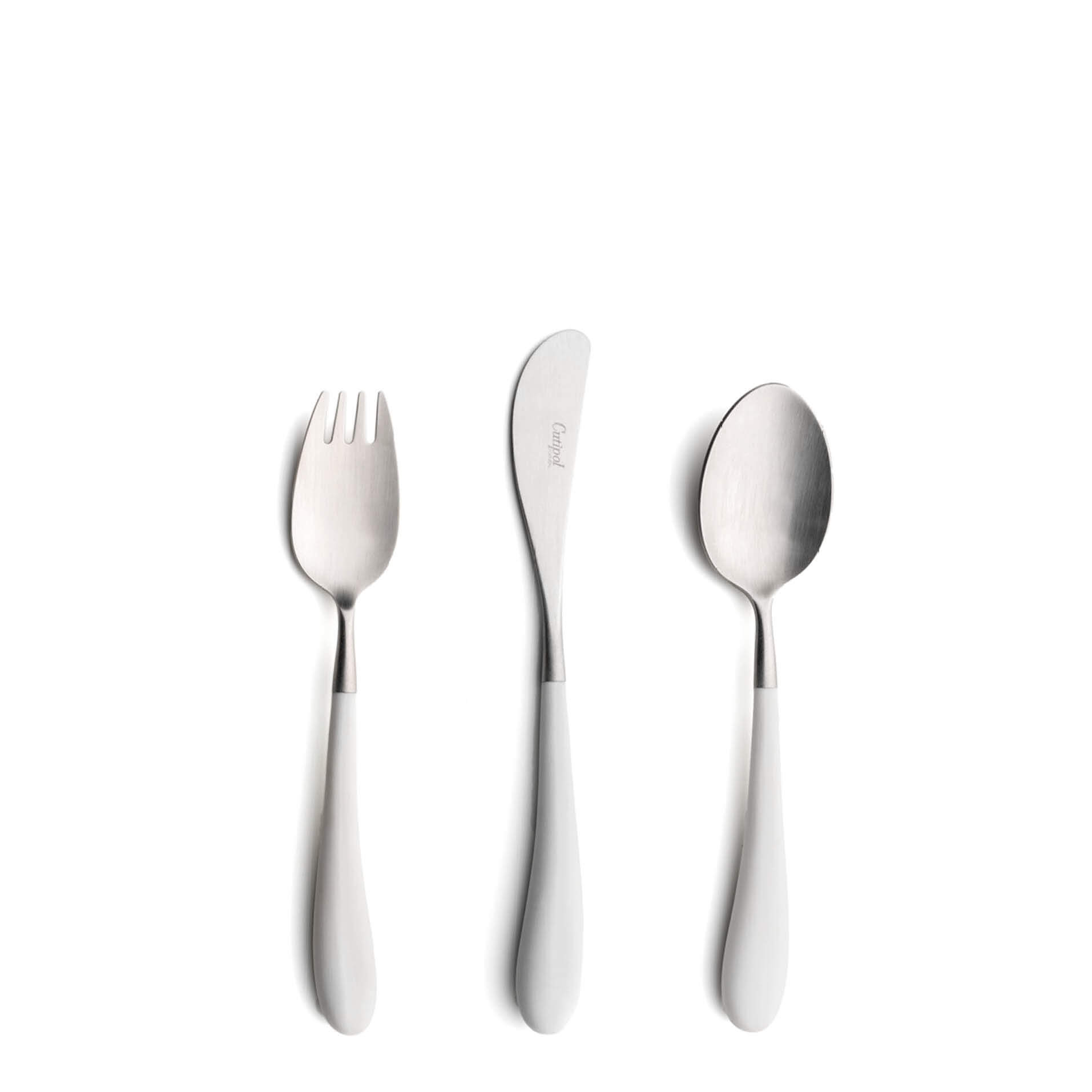 Talheres Cutipol Alice White para criança com garfo de mesa, faca de mesa e colher de mesa com cabo branco e acabamento escovado
