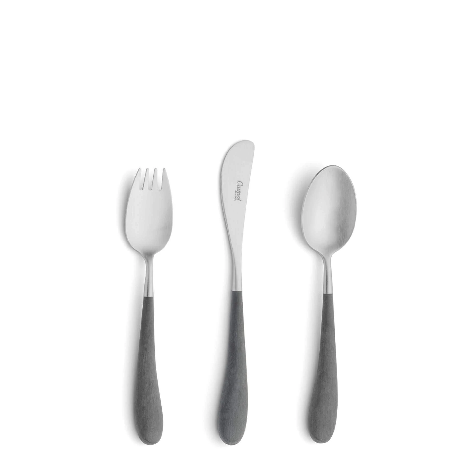 Talheres Cutipol Alice Grey para criança com garfo de mesa, faca de mesa e colher de mesa com cabo cinzento e acabamento escovado