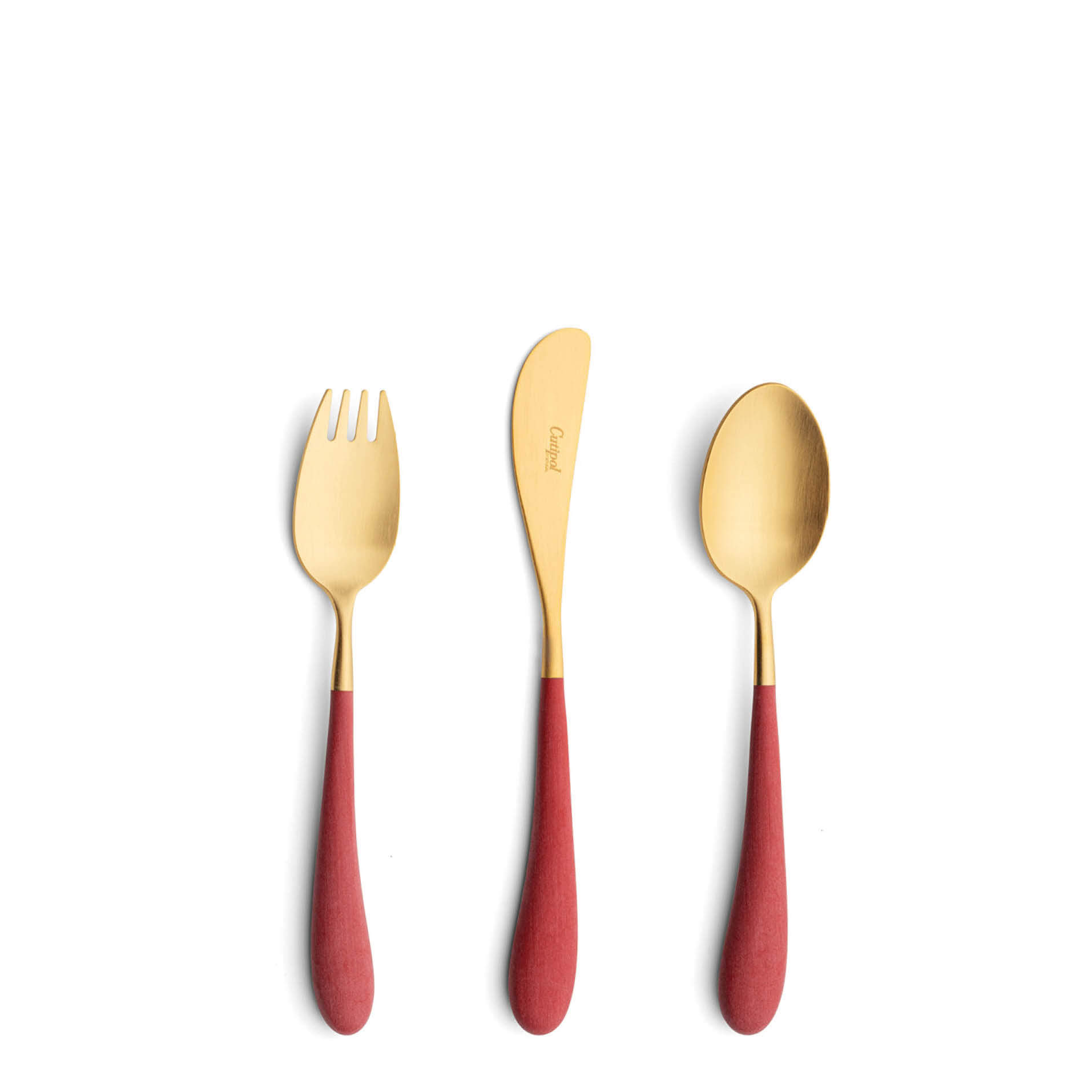 Cutipol Childrens Cutlery Alice Red with dinner fork, dinner knife, table spoon with red handles and matte gold finish