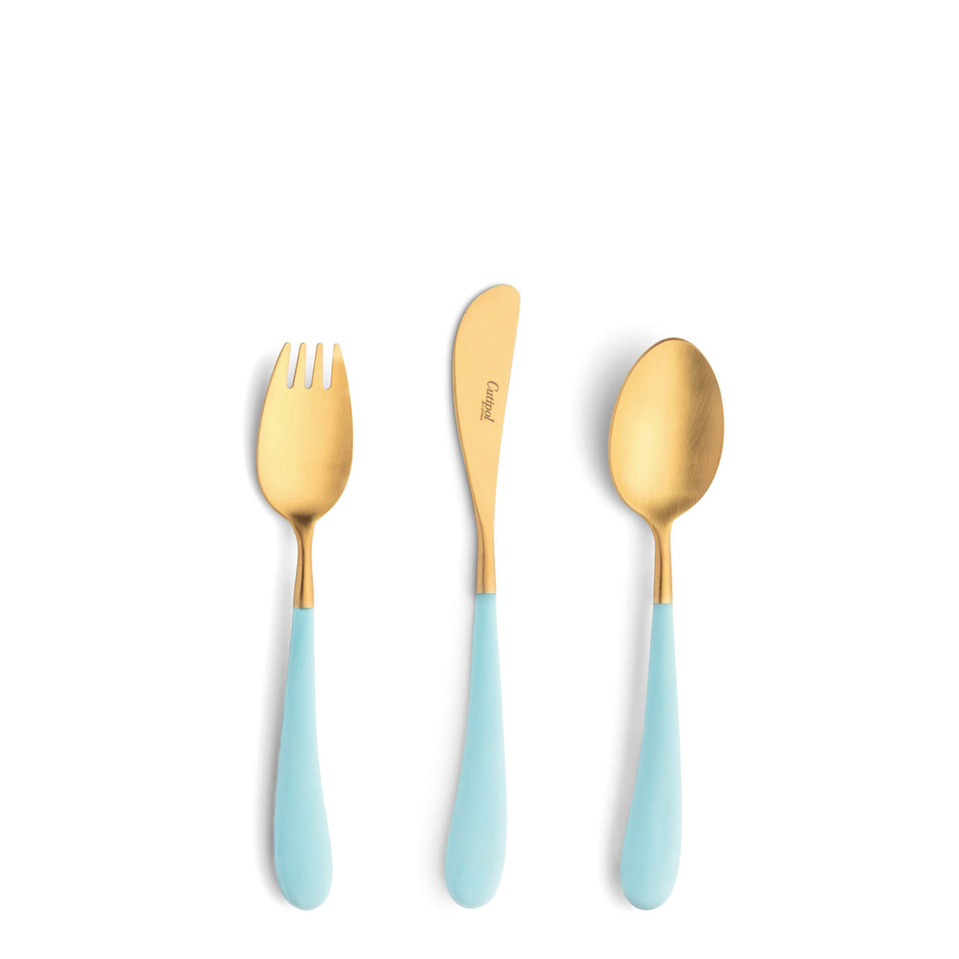 Cutipol Childrens Cutlery Alice Turquoise with dinner fork, dinner knife, table spoon with turquoise handles and matte gold finish