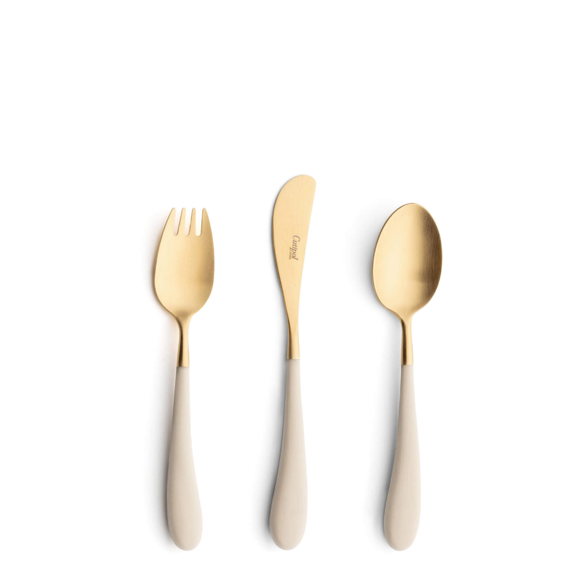 Cutipol Childrens Cutlery Alice Ivory with dinner fork, dinner knife, table spoon with ivory handles and matte gold finish