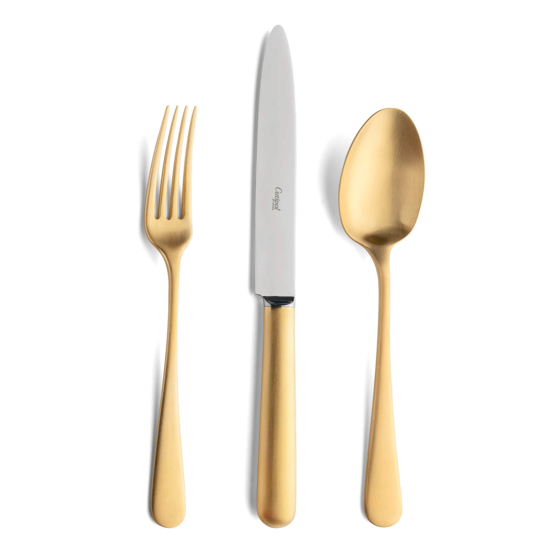 Talheres Cutipol Atlantico Matte Gold com garfo de mesa, faca de mesa e colher de mesa