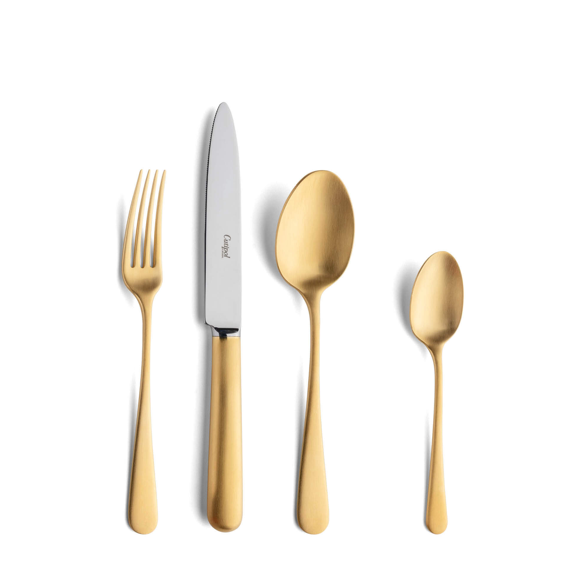 Talheres Cutipol Atlantico Matte Gold com garfo de sobremesa, faca de sobremesa, colher de sobremesa e colher de chá