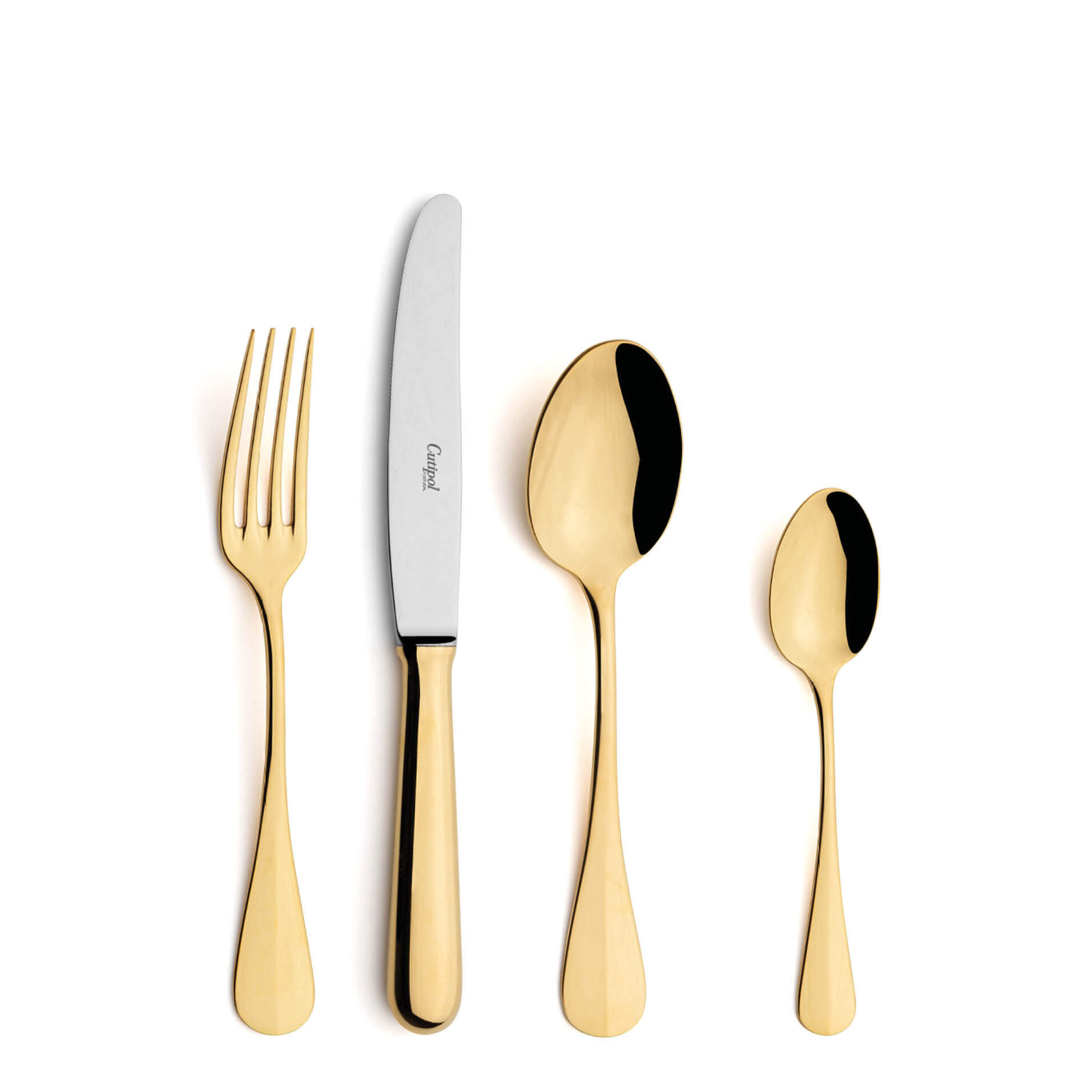 Talheres Cutipol Baguette Gold com garfo de sobremesa, faca de sobremesa, colher de sobremesa e colher de chá