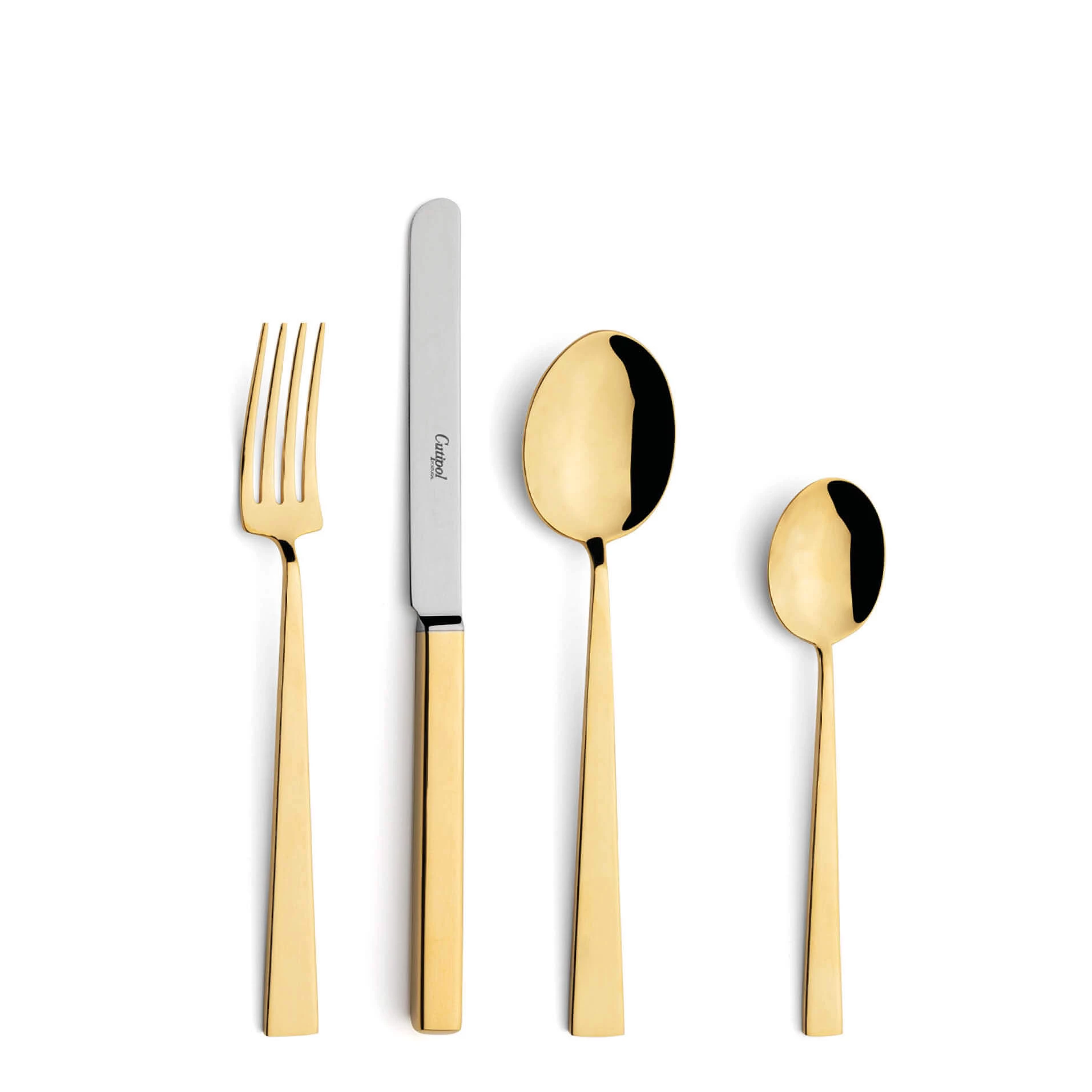 Talheres Cutipol Bauhaus Gold com garfo de sobremesa, faca de sobremesa, colher de sobremesa e colher de chá