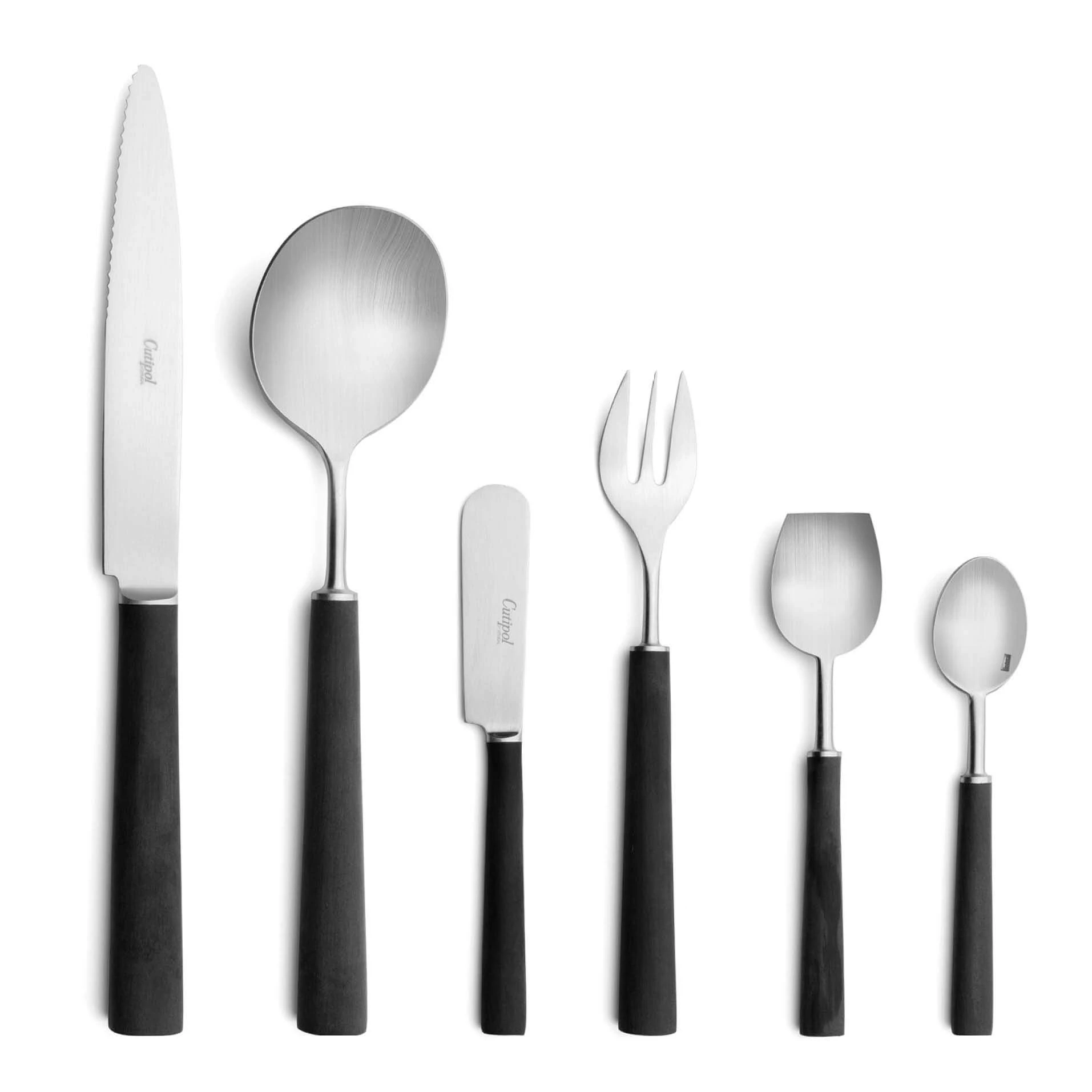 Cutipol Cutlery Ebony with Steak Knife, soup Spoon, butter knife, oyster fork, sugar spoon and moka spoon