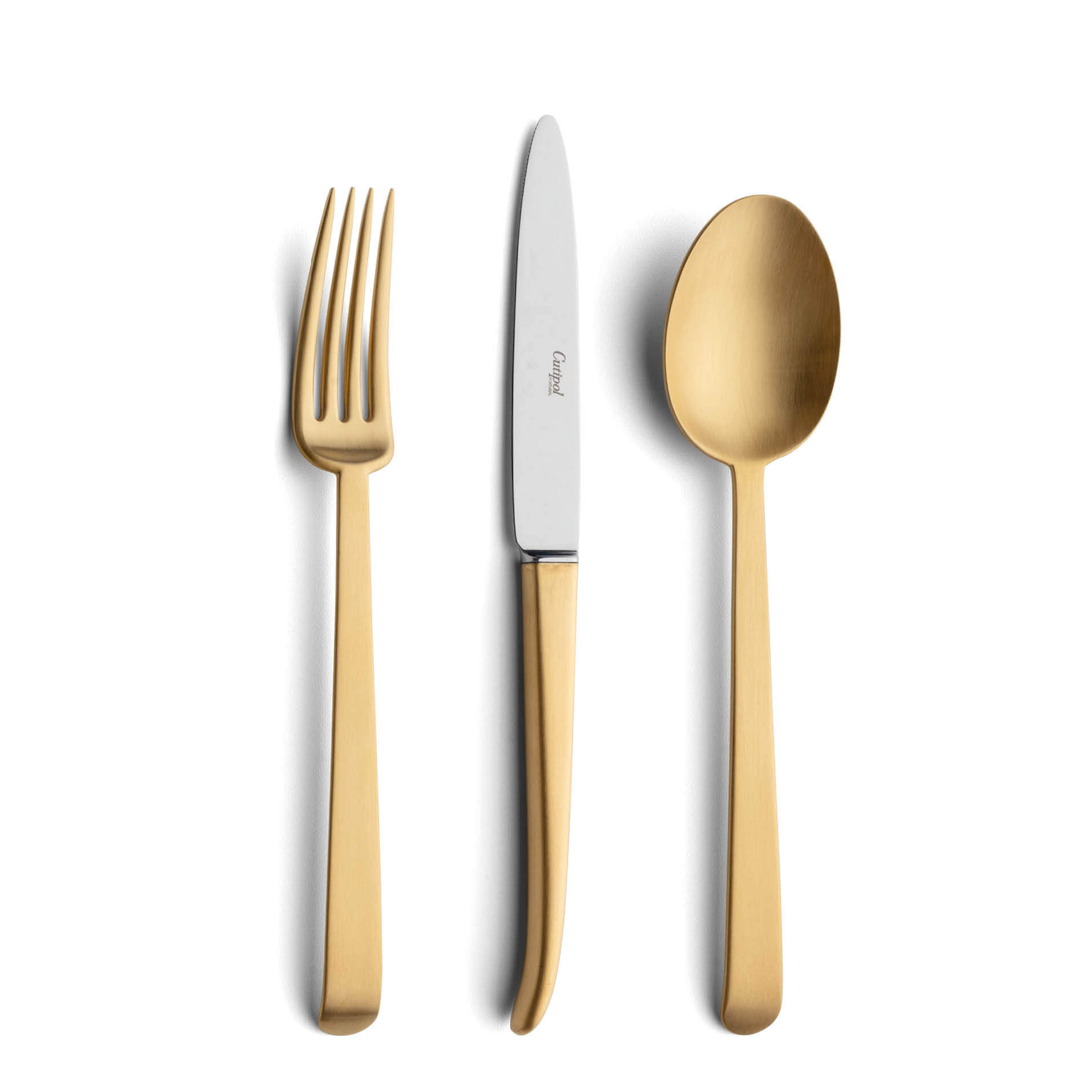 Talheres Cutipol Ergo Matte Gold com garfo de mesa, faca de mesa e colher de mesa