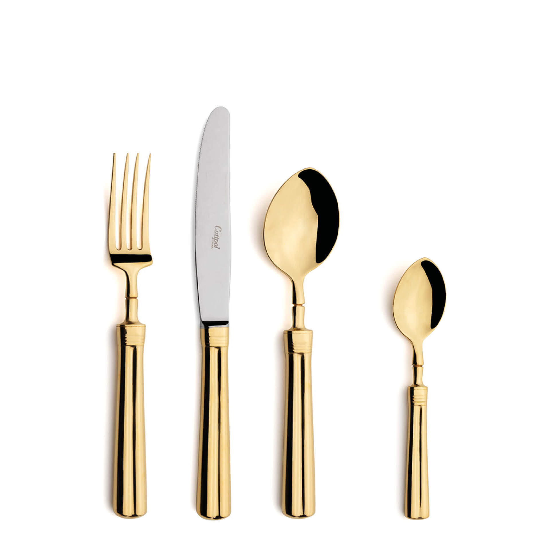 Talheres Cutipol Fontainebleau Gold com garfo de sobremesa, faca de sobremesa, colher de sobremesa e colher de chá