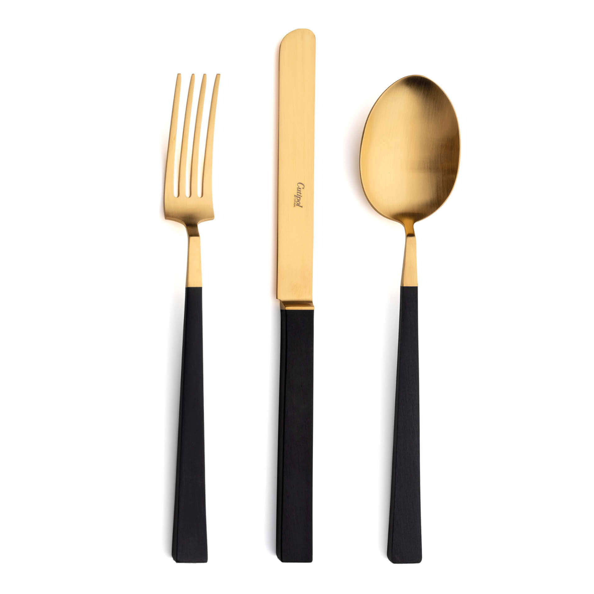 Talheres Cutipol Kube Gold com garfo de mesa, faca de mesa e colher de mesa