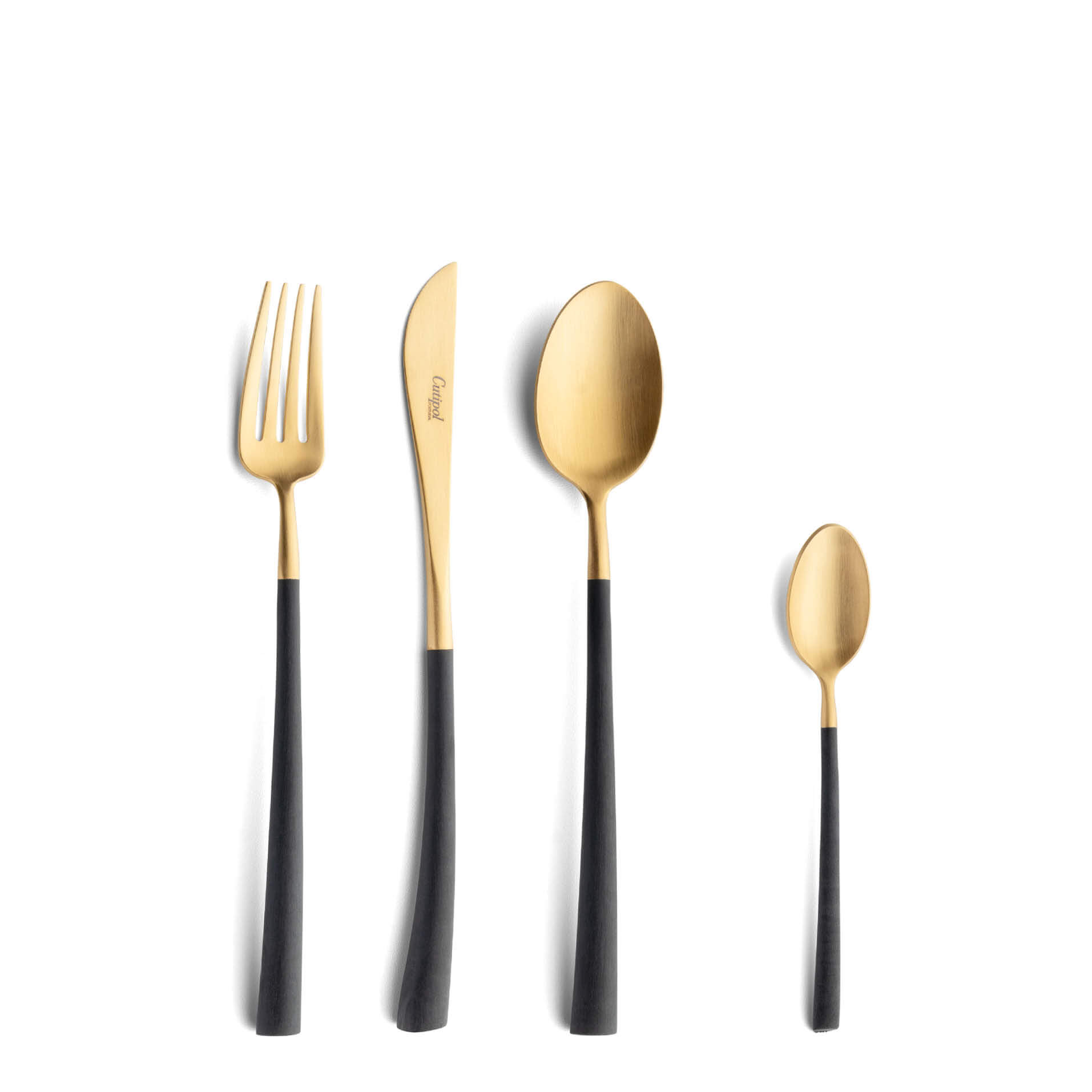 Talheres Cutipol Noor Gold com garfo de sobremesa, faca de sobremesa, colher de sobremesa e colher de chá