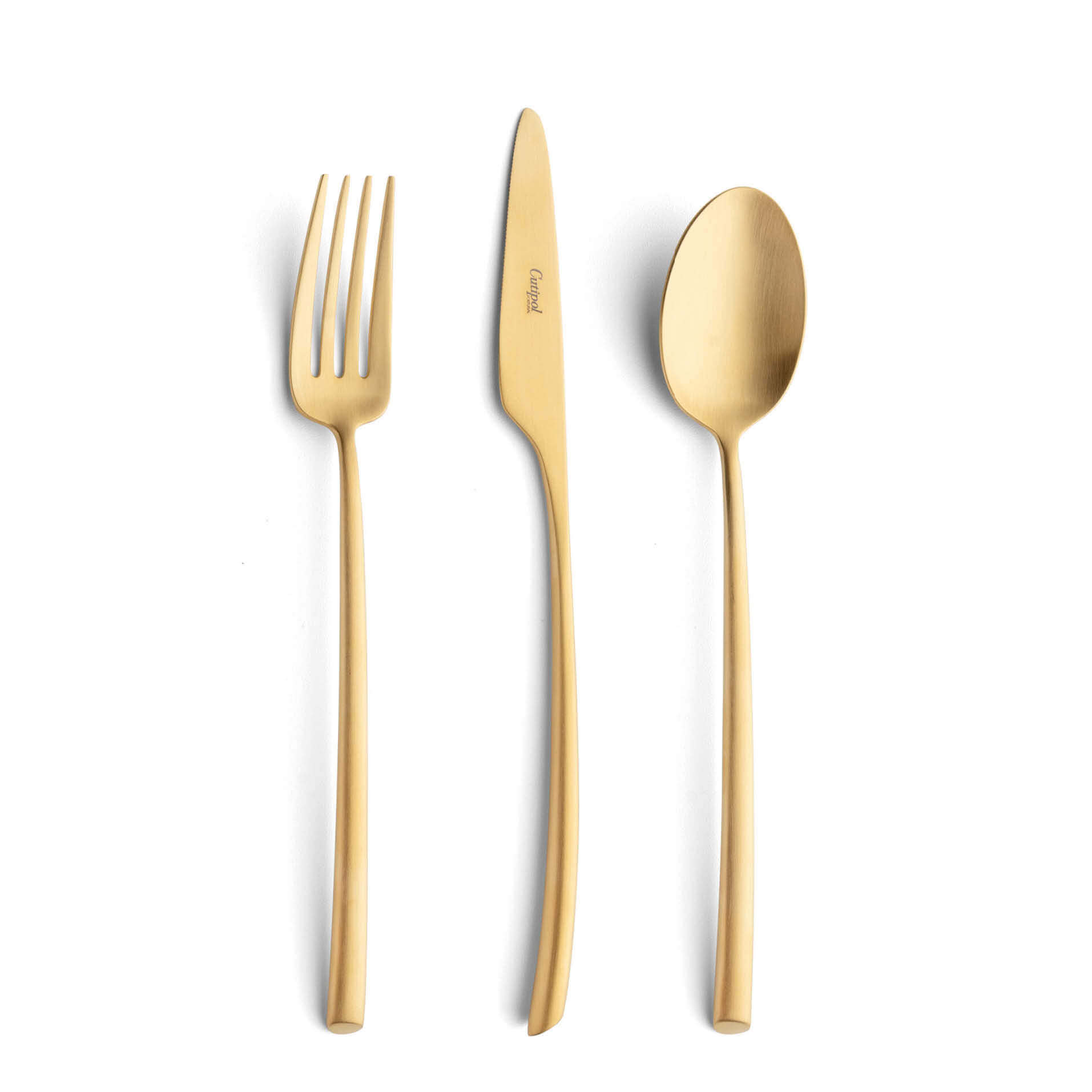 Talheres Cutipol Mezzo Matte Gold com garfo de mesa, faca de mesa e colher de mesa