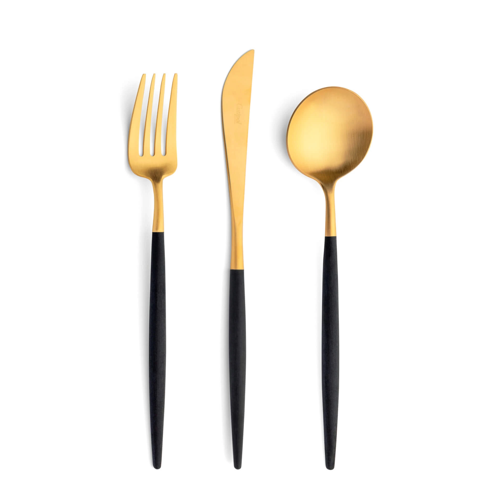 Talheres Cutipol Goa dourado com garfo de mesa, faca de mesa e colher de mesa