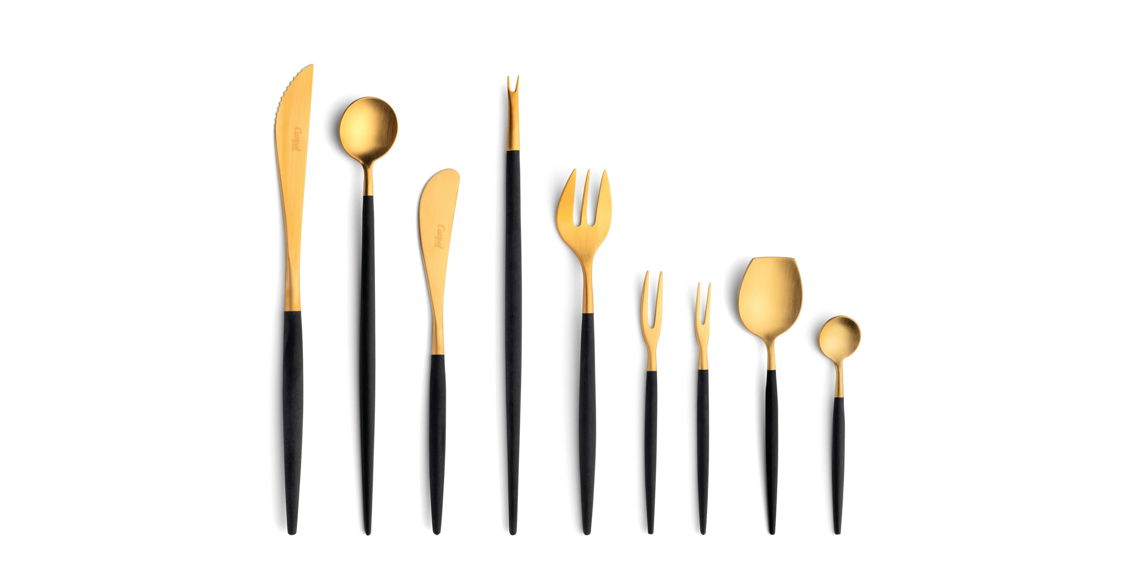 Cutipol Cutlery Goa Gold with steak knife, long drink spoon, butter knife, lobster fork, oyster fork, Japanese fork, snail fork, sugar spoon and moka spoon