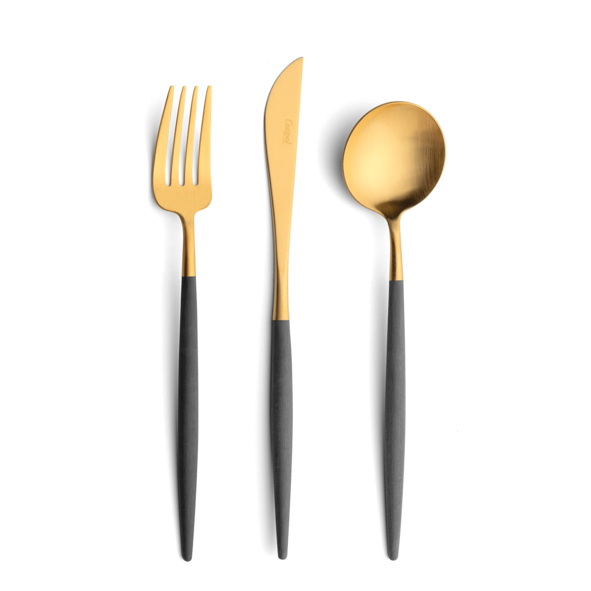 Talheres Cutipol Goa Grey dourado com garfo de mesa, faca de mesa e colher de mesa