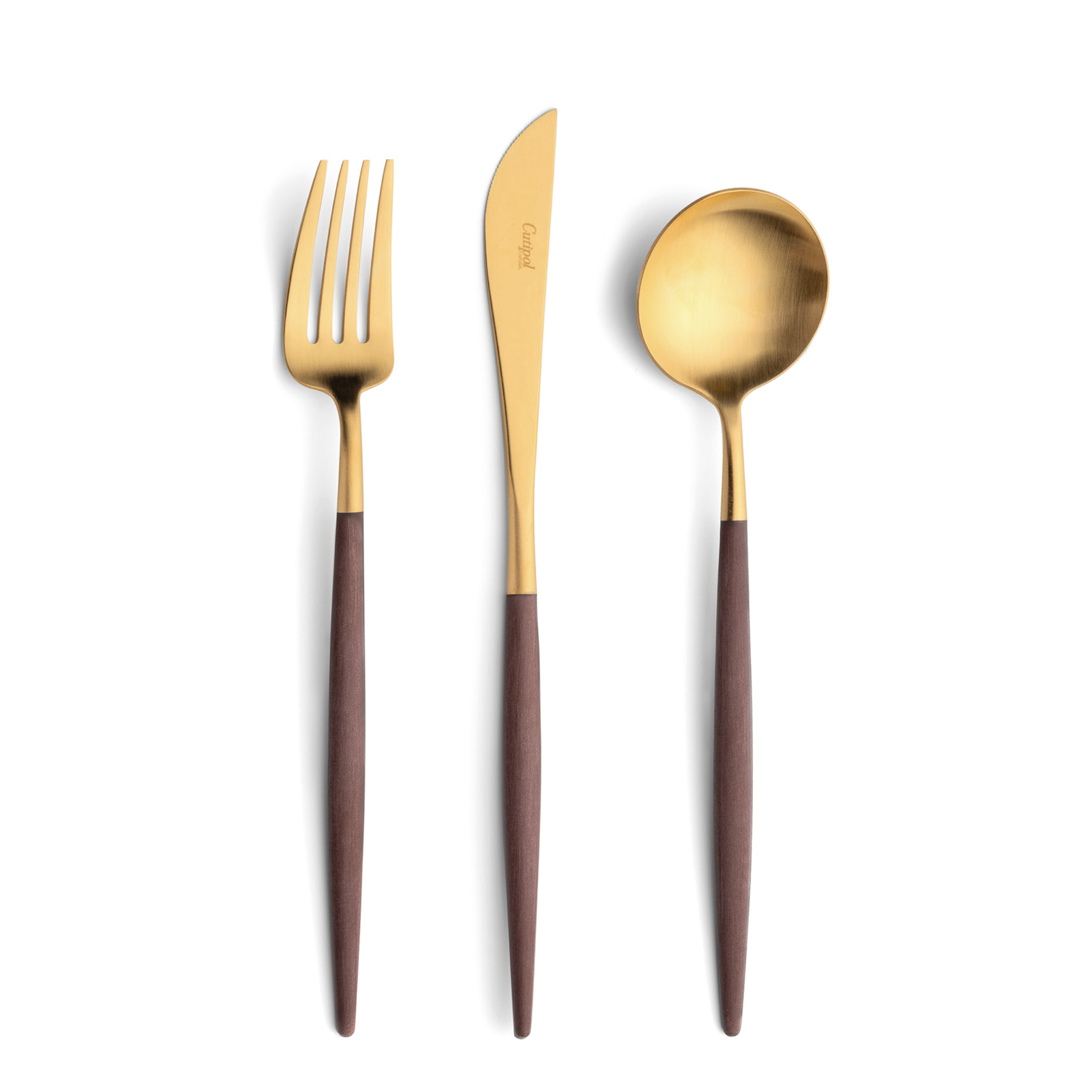 Talheres Cutipol Goa Brown dourado com garfo de mesa, faca de mesa e colher de mesa