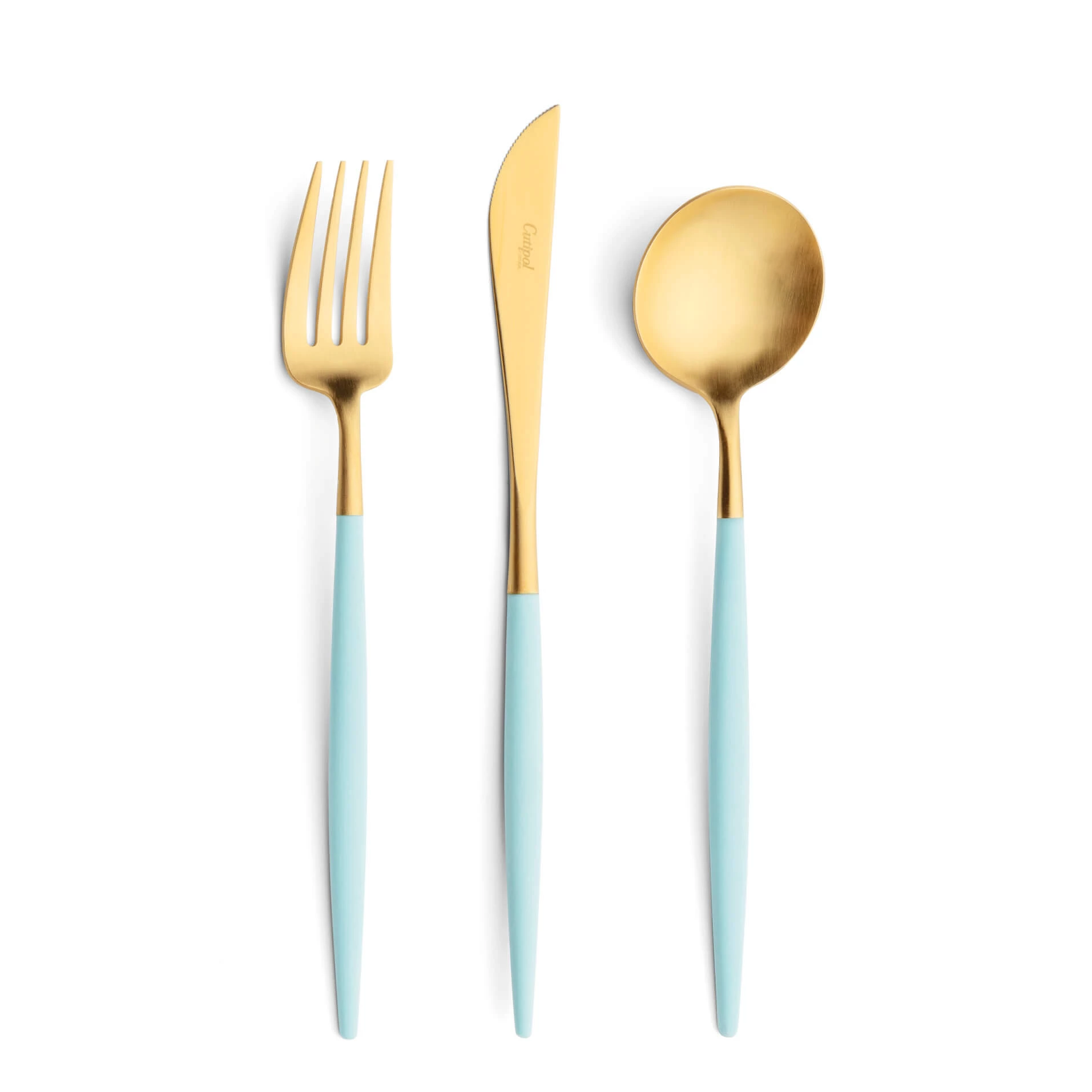 Talheres Cutipol Goa Turquoise dourado com garfo de mesa, faca de mesa e colher de mesa