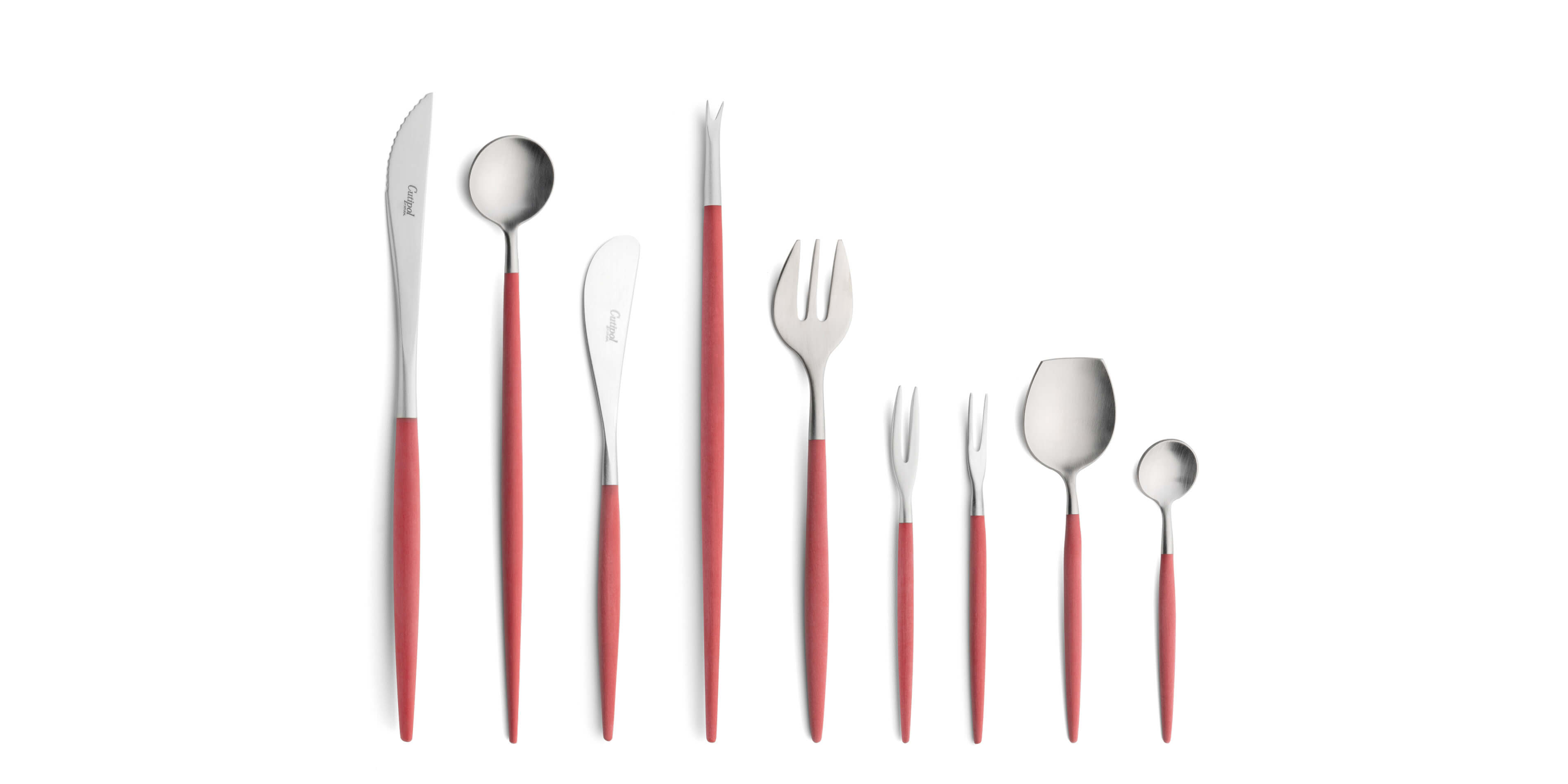 Cutipol Cutlery Goa Red with steak knife, long drink spoon, butter knife, lobster fork, oyster fork, Japanese fork, snail fork, sugar spoon and moka spoon