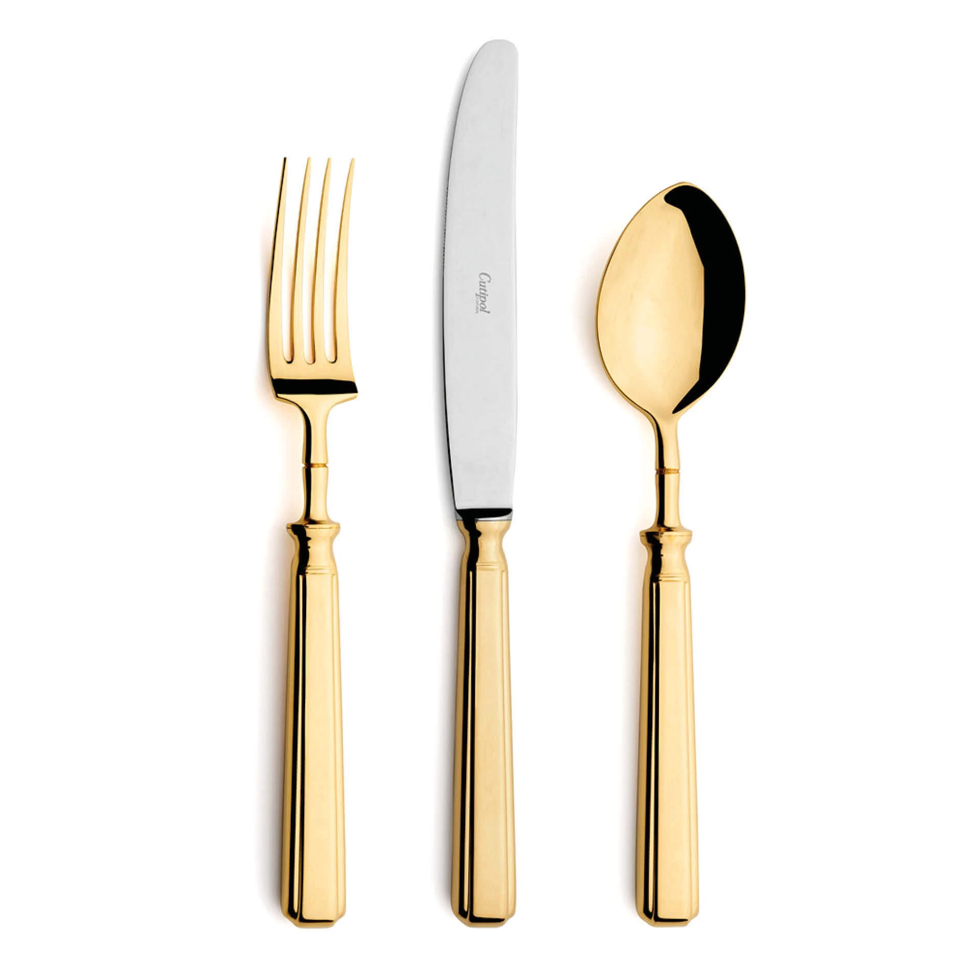 Talheres Cutipol Piccadilly Gold com garfo de mesa, faca de mesa e colher de mesa