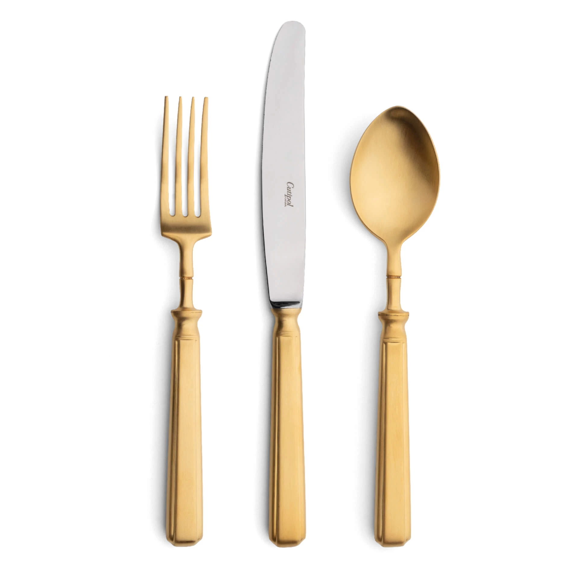 Cutipol Cutlery Piccadilly Matte Gold with dinner fork, dinner knife, table spoon