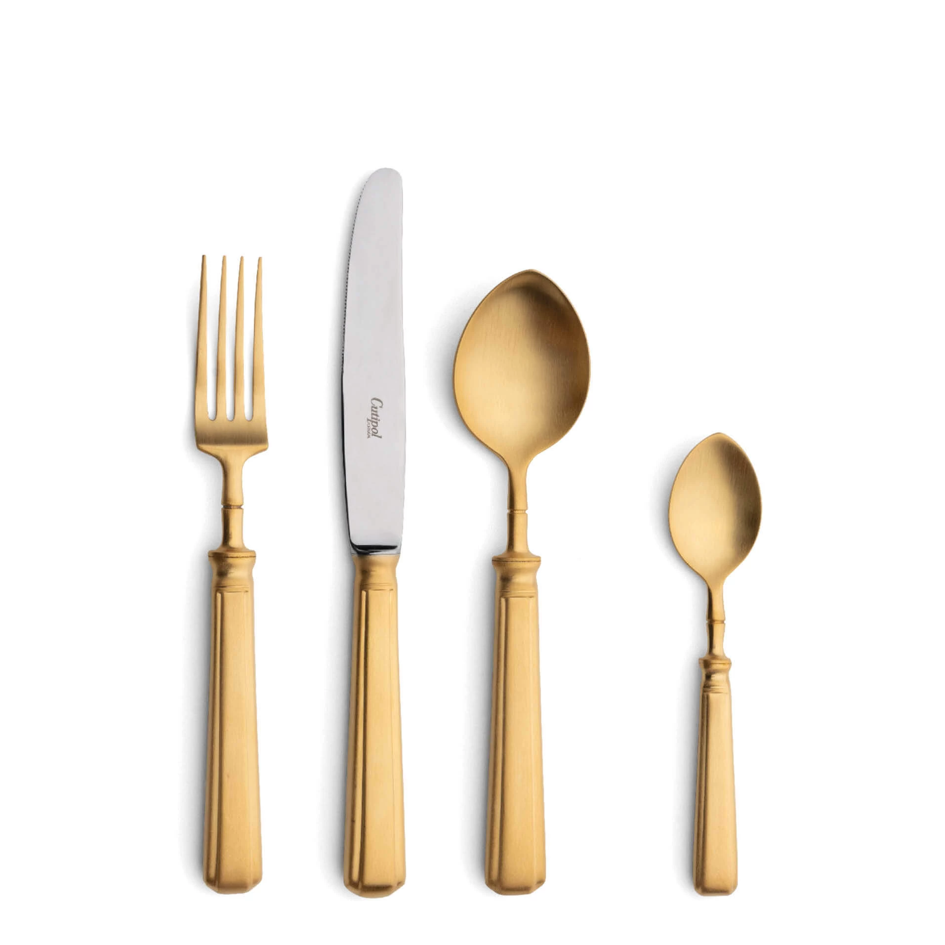 Cutipol Cutlery Piccadilly Matte Gold with dessert fork, dessert knife, dessert spoon and tea-coffee spoon