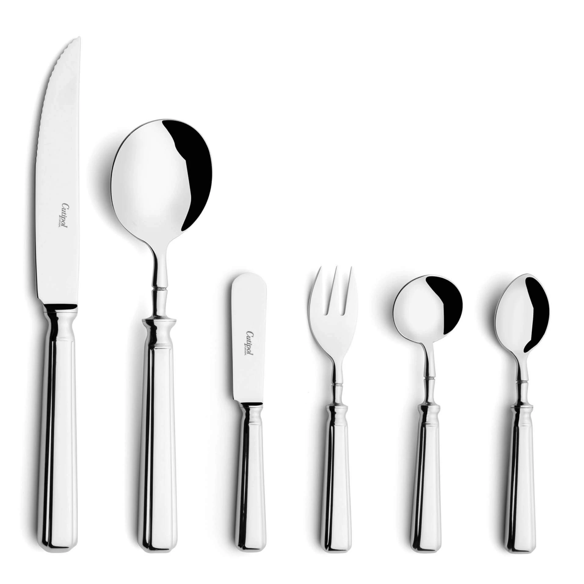 Cutipol Cutlery Piccadilly with Steak Knife, Soup Spoon, butter knife, oyster fork, sugar spoon and moka spoon