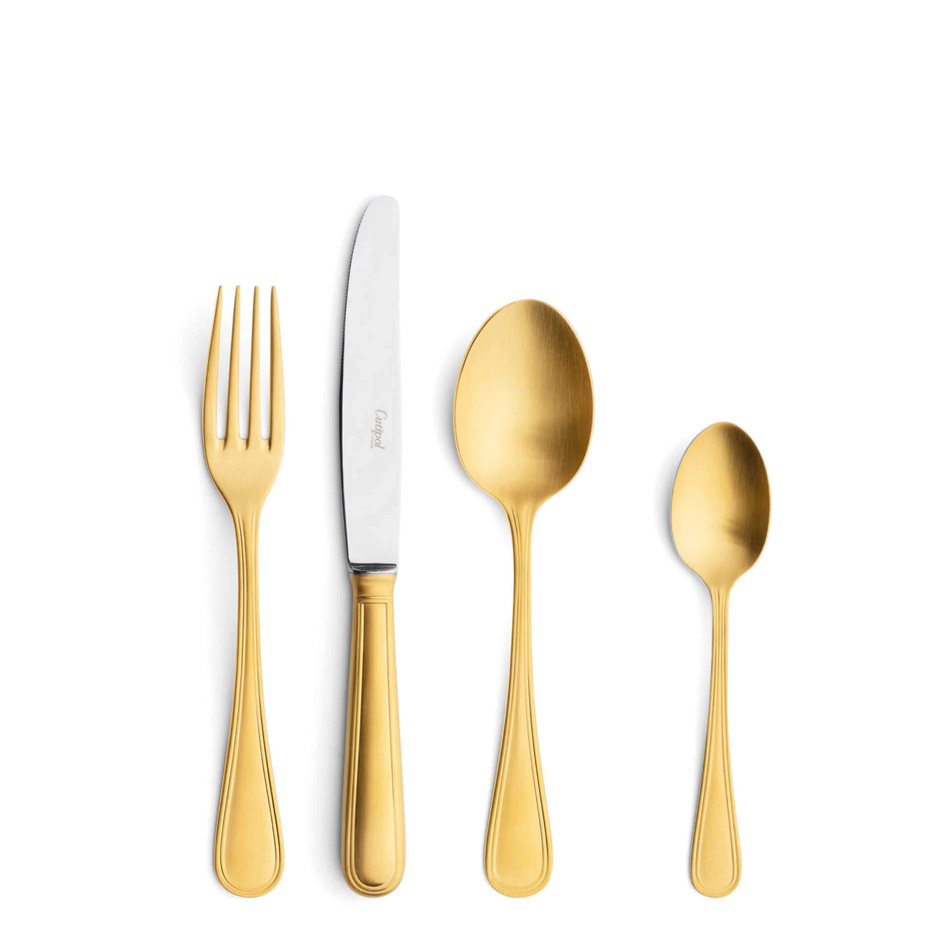 Talheres Cutipol Sevigné Matte Gold com garfo de sobremesa, faca de sobremesa, colher de sobremesa e colher de chá