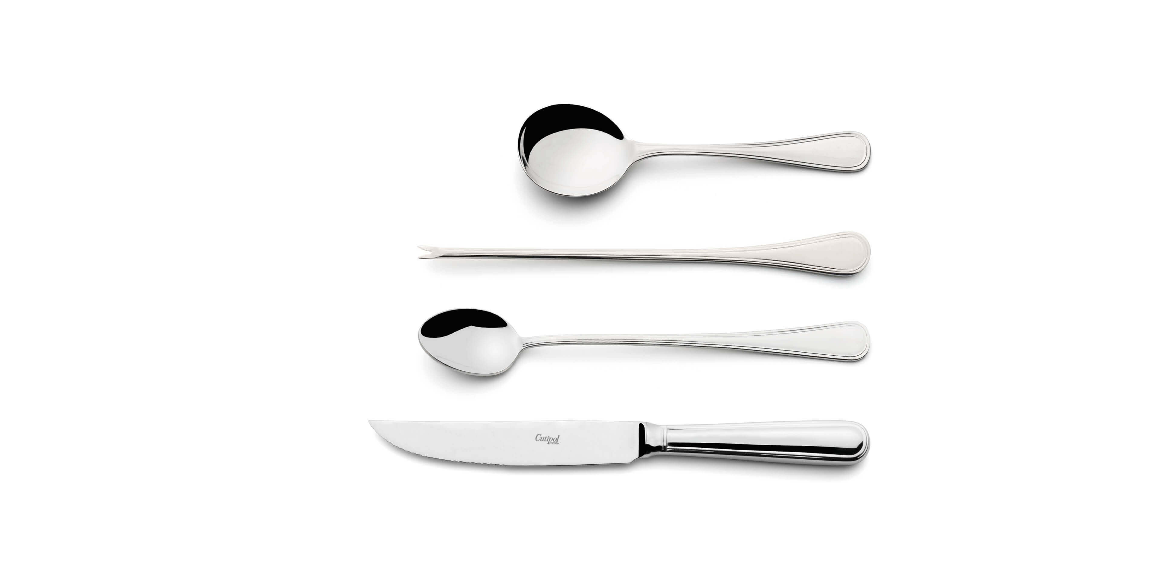 Cutipol Cutlery Sevigné with Steak Knife, Long drink Spoon, Lobster fork and soup Spoon