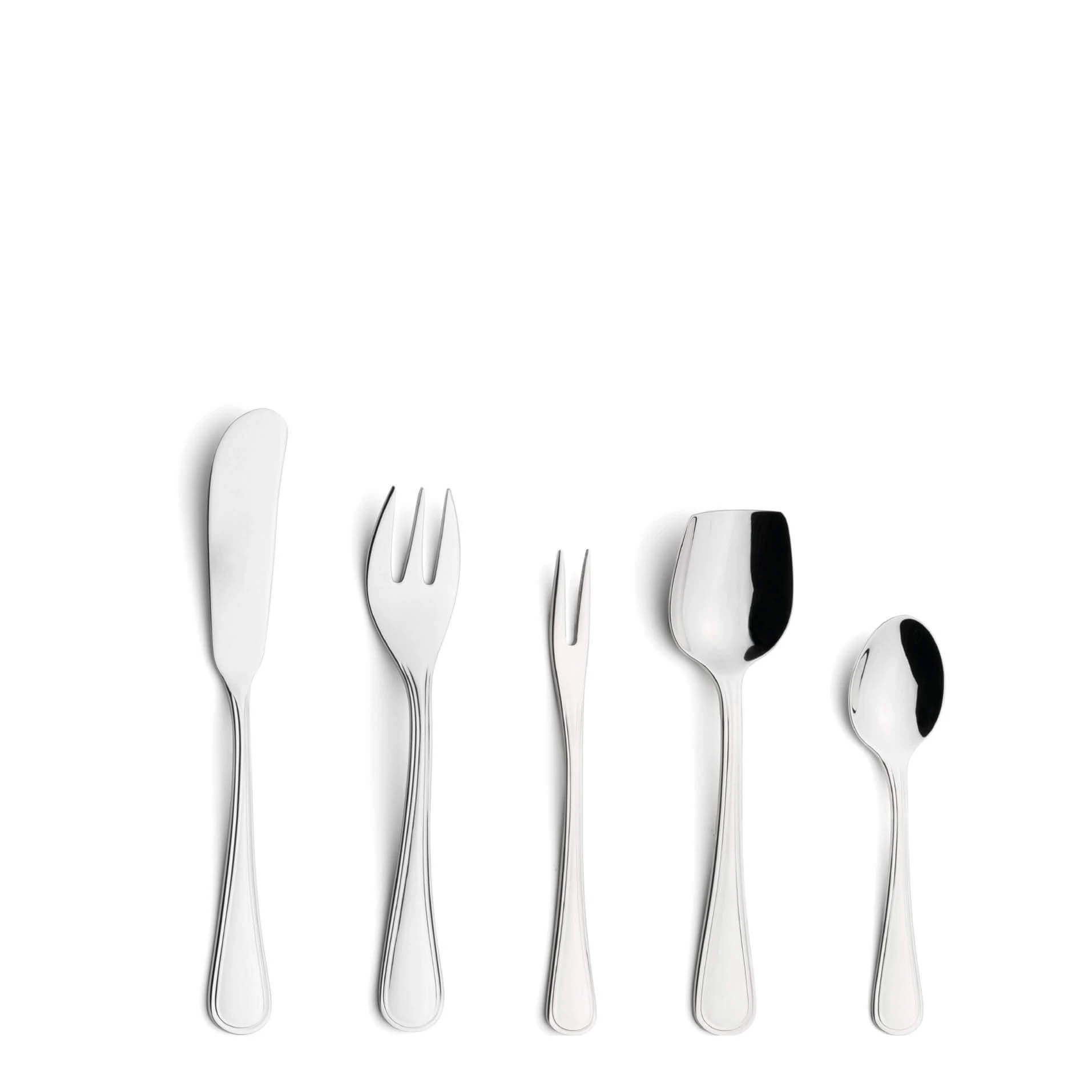 Cutipol Cutlery Sevigné with butter knife, oyster fork, snail fork, sugar spoon and moka spoon