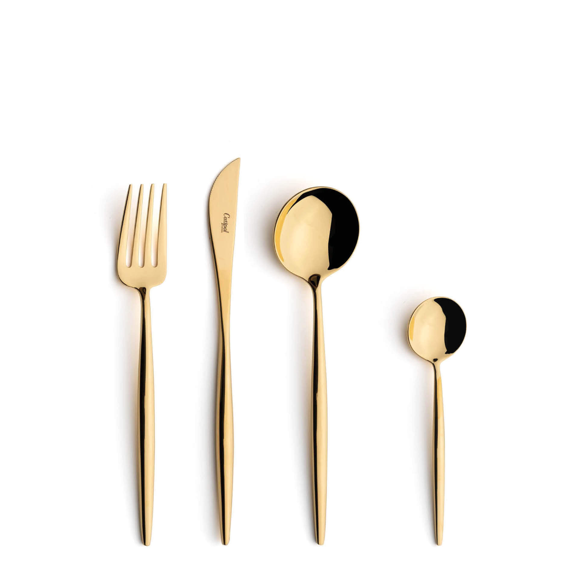 Talheres Cutipol Moon Dourado com garfo de sobremesa, faca de sobremesa, colher de sobremesa e colher de chá