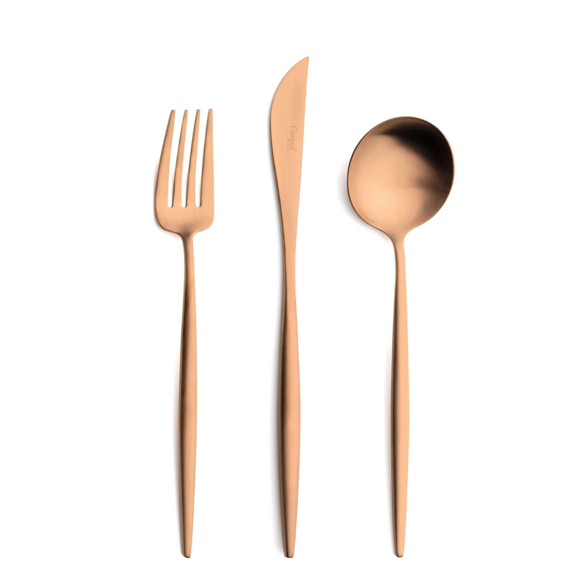 Cutipol Cutlery Moon Matte Copper with dinner fork, dinner knife, table spoon