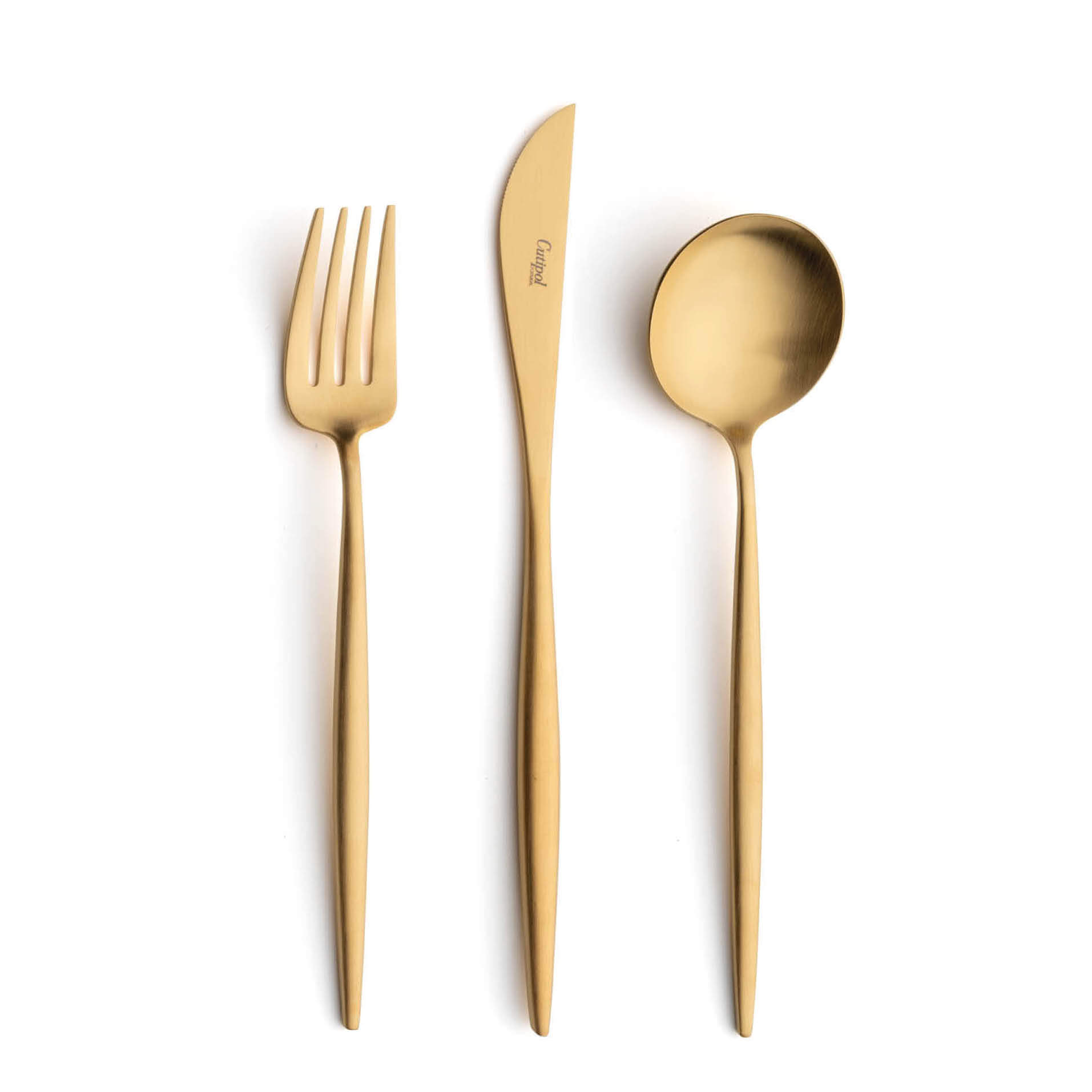 Cutipol Cutlery Moon Matte Gold with dinner fork, dinner knife, table spoon