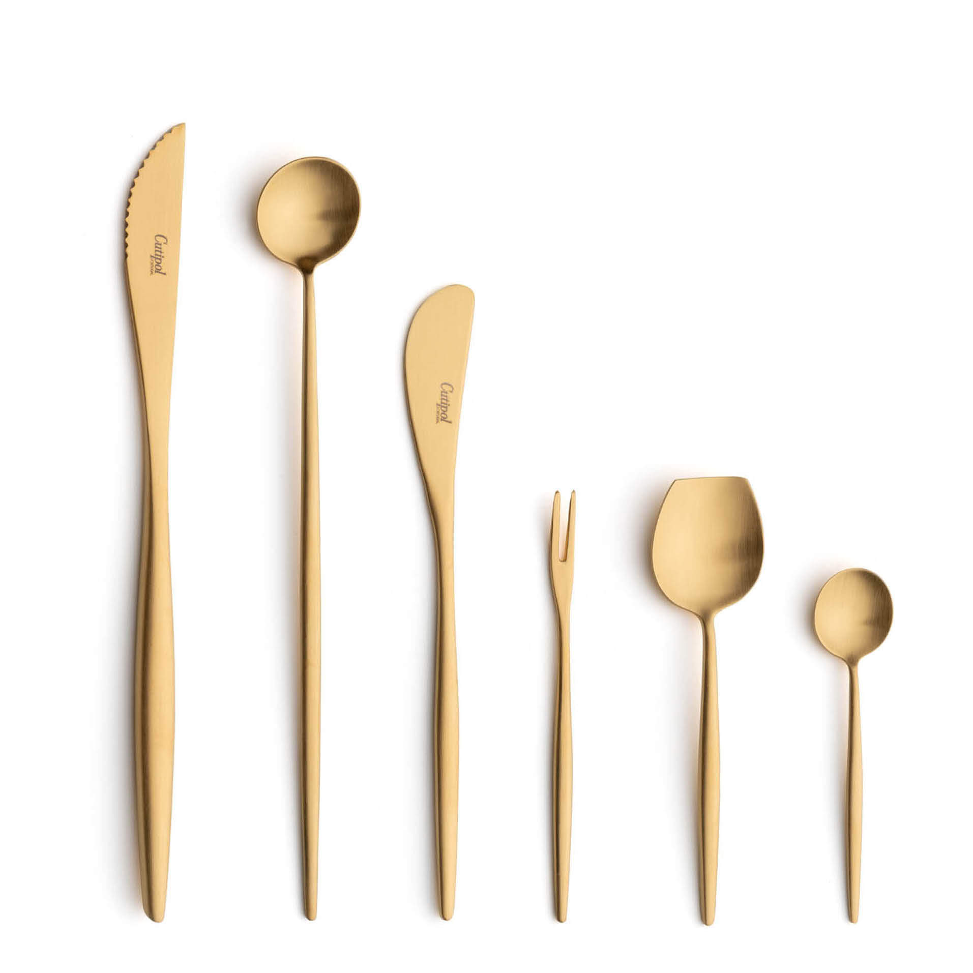 Cutipol Cutlery Moon Matte Gold with Steak Knife, Long drink Spoon, butter knife, snail fork, sugar spoon and moka spoon