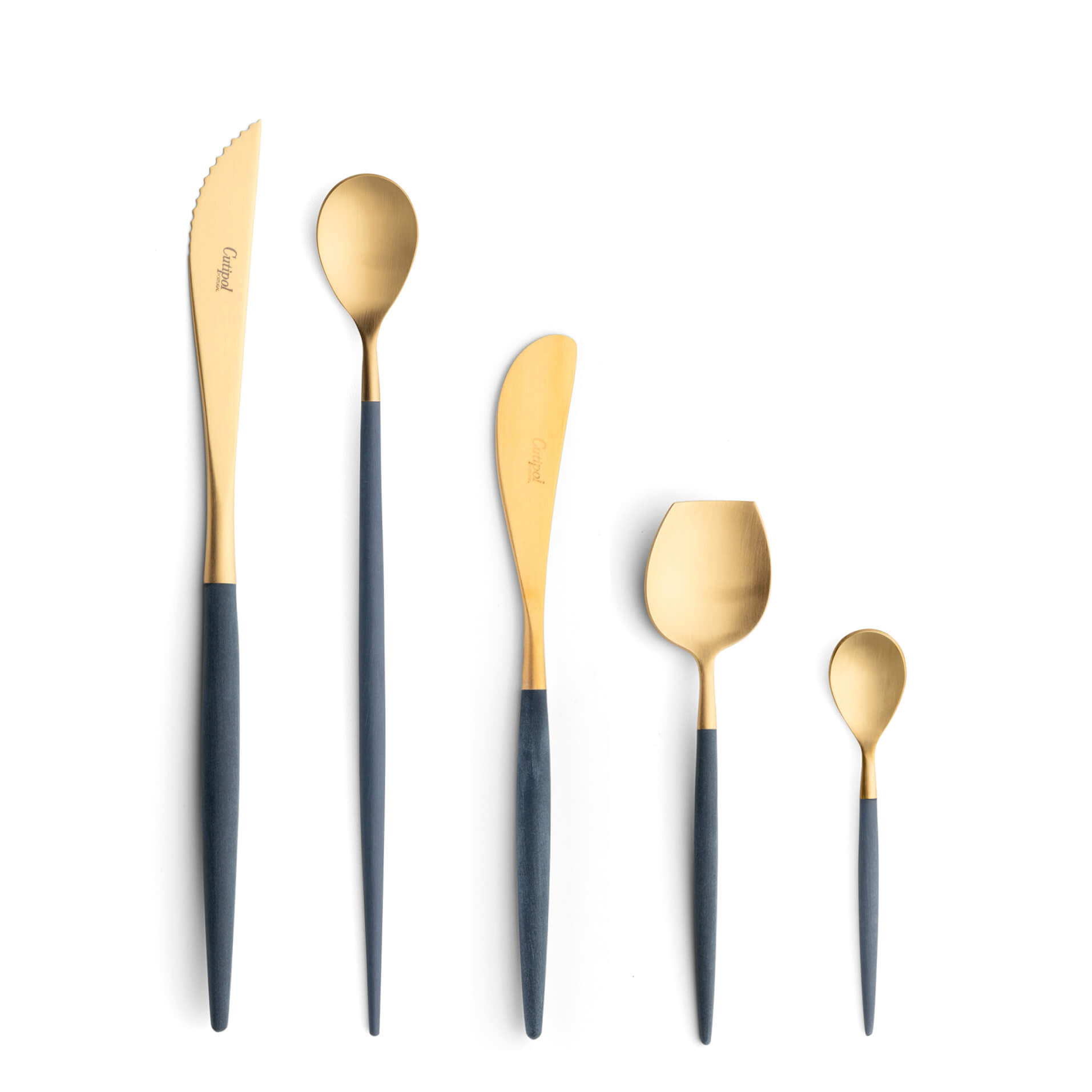 Cutipol Cutlery Mio Blue Gold with steak knife, long drink spoon, butter knife, sugar spoon and moka spoon