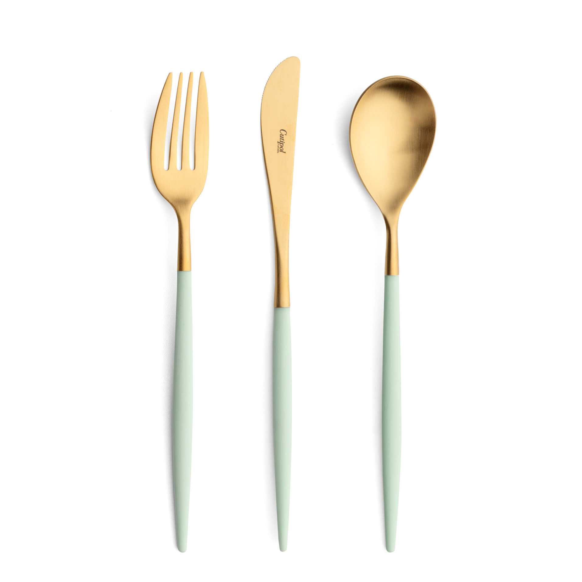 Cutipol Cutlery Mio Celadon Gold with dinner fork, dinner knife, table spoon