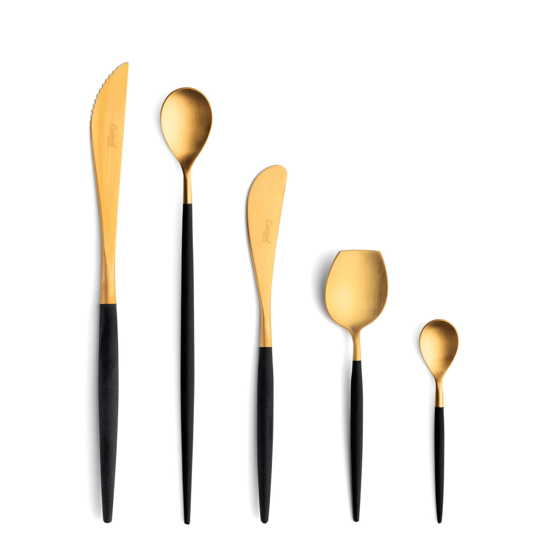 Cutipol Cutlery Mio Gold with steak knife, long drink spoon, butter knife, sugar spoon and moka spoon