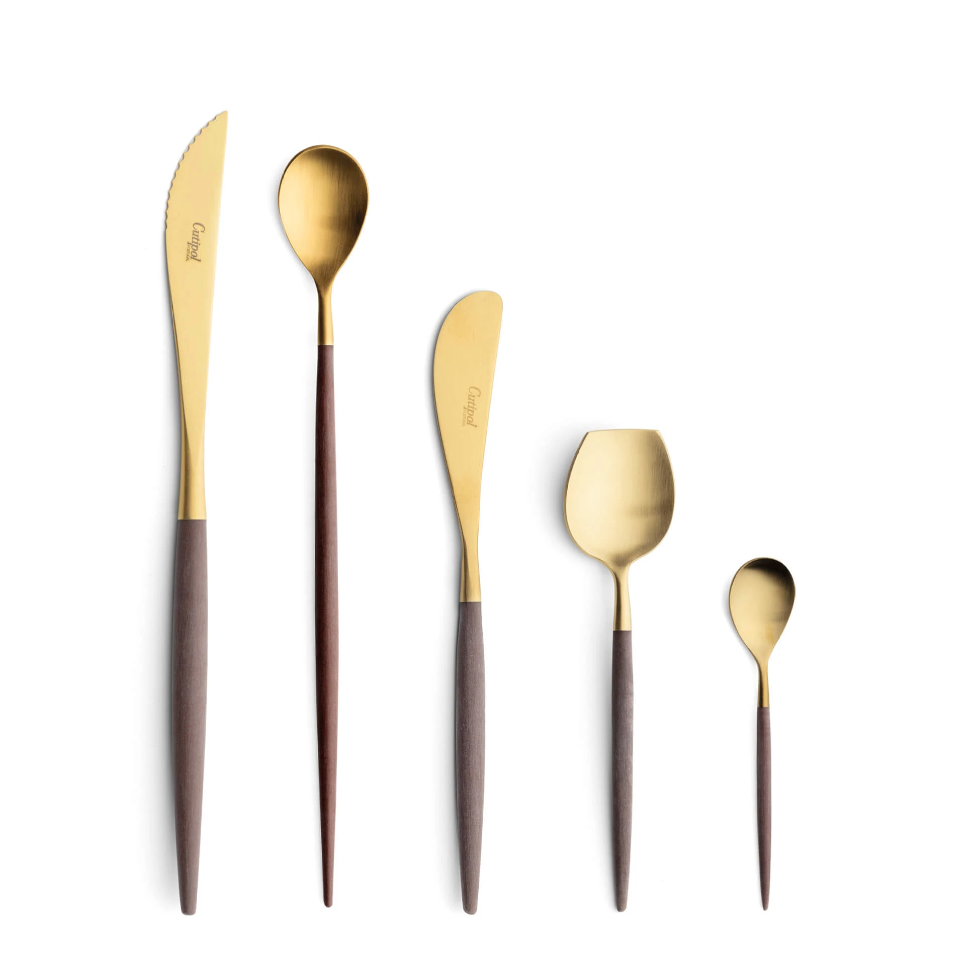 Cutipol Cutlery Mio Brown Gold with steak knife, long drink spoon, butter knife, sugar spoon and moka spoon