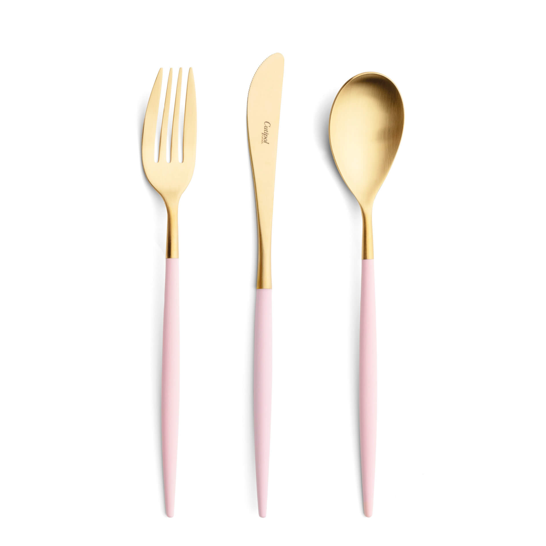 Talheres Cutipol Mio Pink dourado com garfo de mesa, faca de mesa e colher de mesa