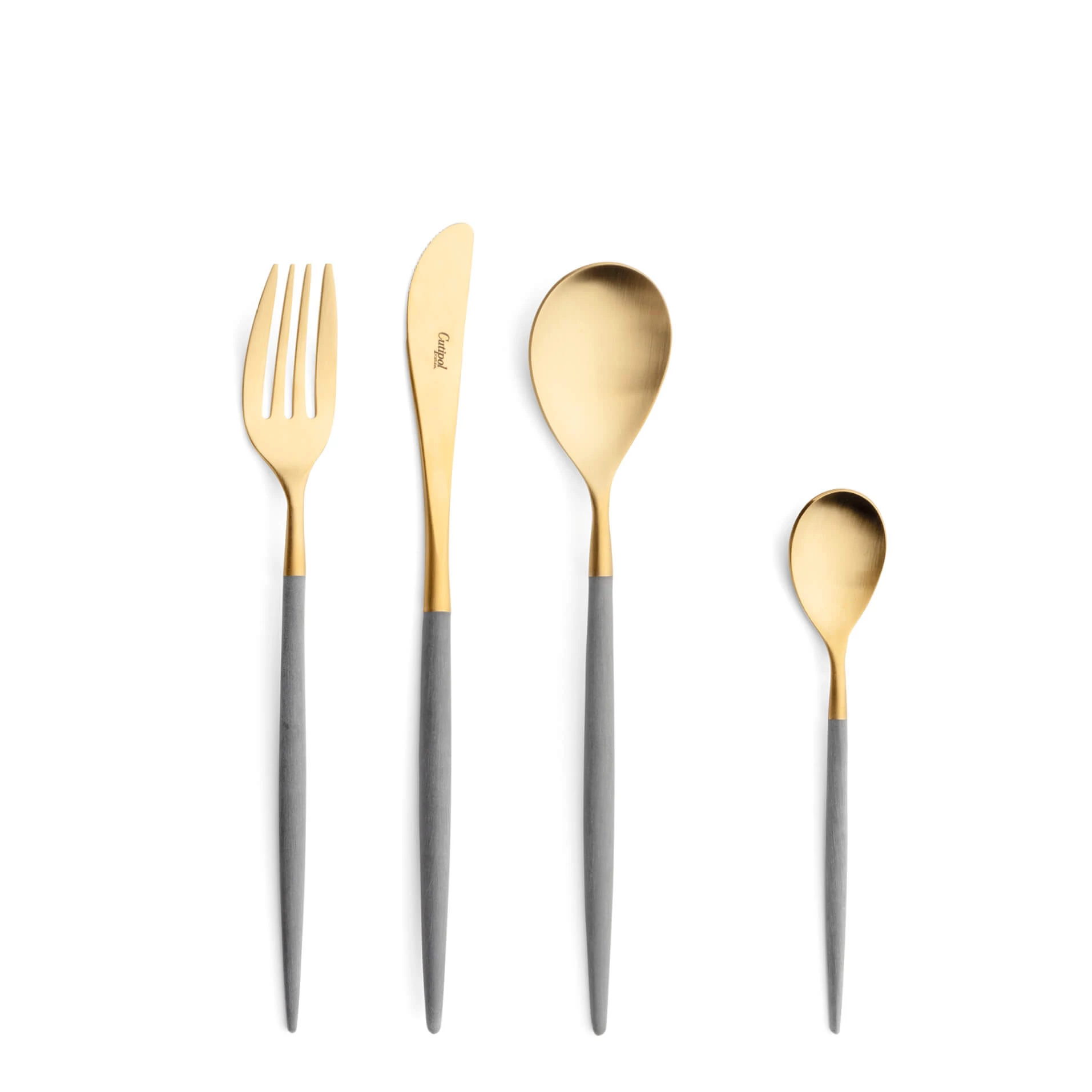 Talheres Cutipol Mio Grey dourado com garfo de sobremesa, faca de sobremesa, colher de sobremesa e colher de chá
