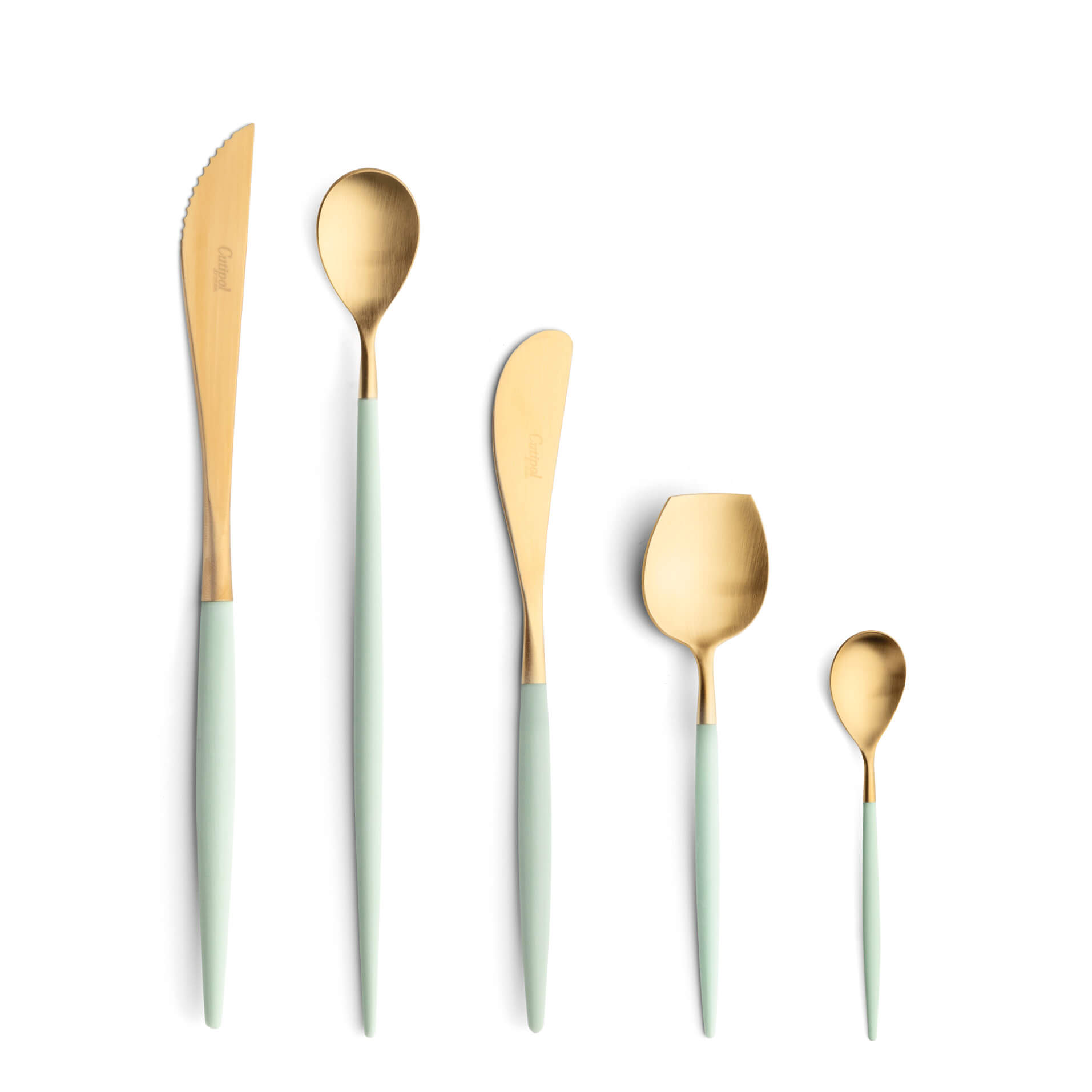 Cutipol Cutlery Mio Celadon Gold with steak knife, long drink spoon, butter knife, sugar spoon and moka spoon