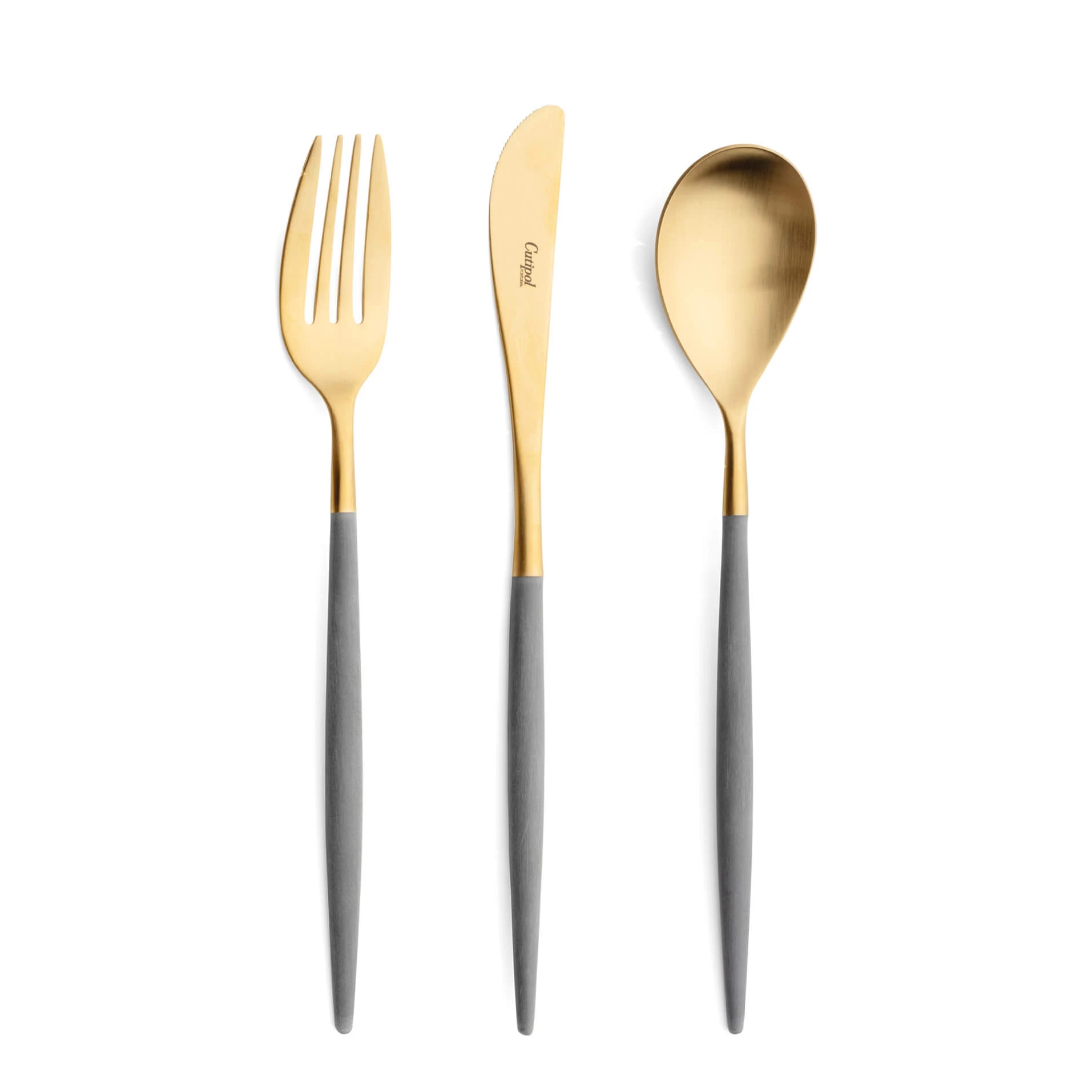 Talheres Cutipol Mio Grey dourado com garfo de mesa, faca de mesa e colher de mesa
